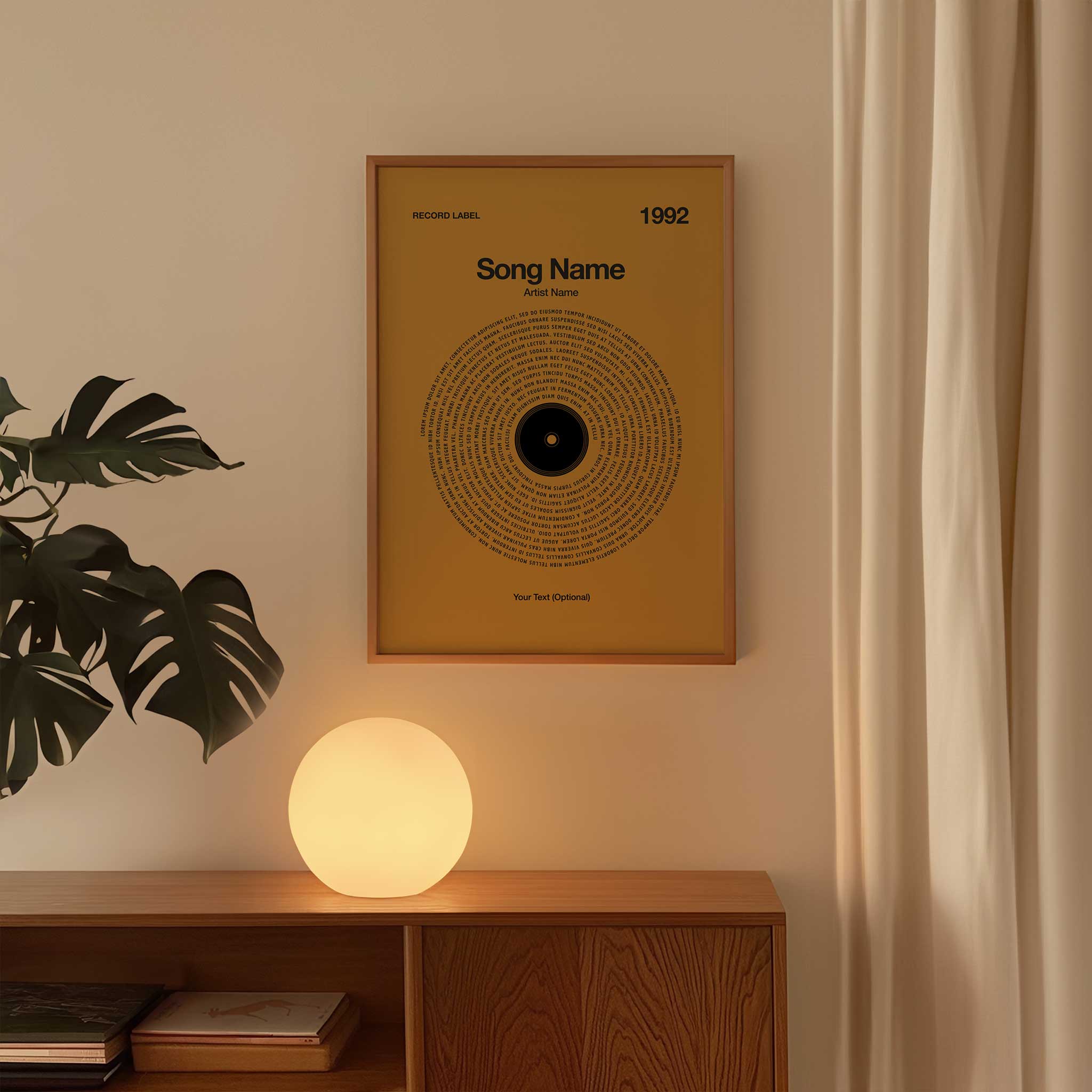 Vibrant Mustard Yellow background custom music wall art with personalized vinyl lyrics, cheerful aesthetic.