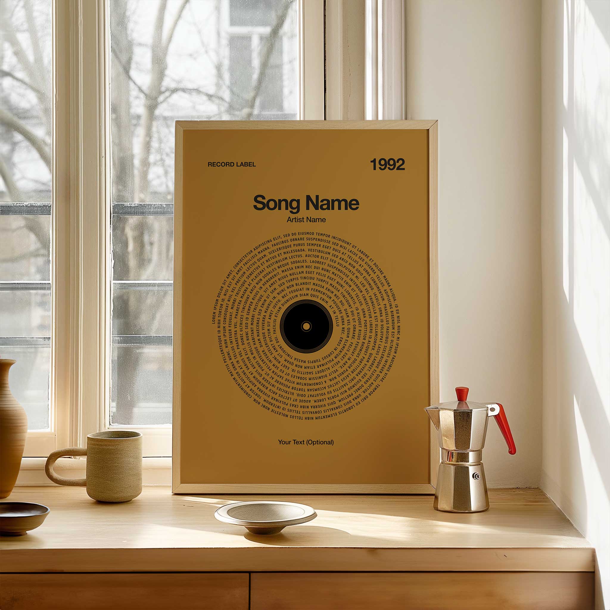 Vibrant Mustard Yellow background custom music wall art with personalized vinyl lyrics, cheerful aesthetic.