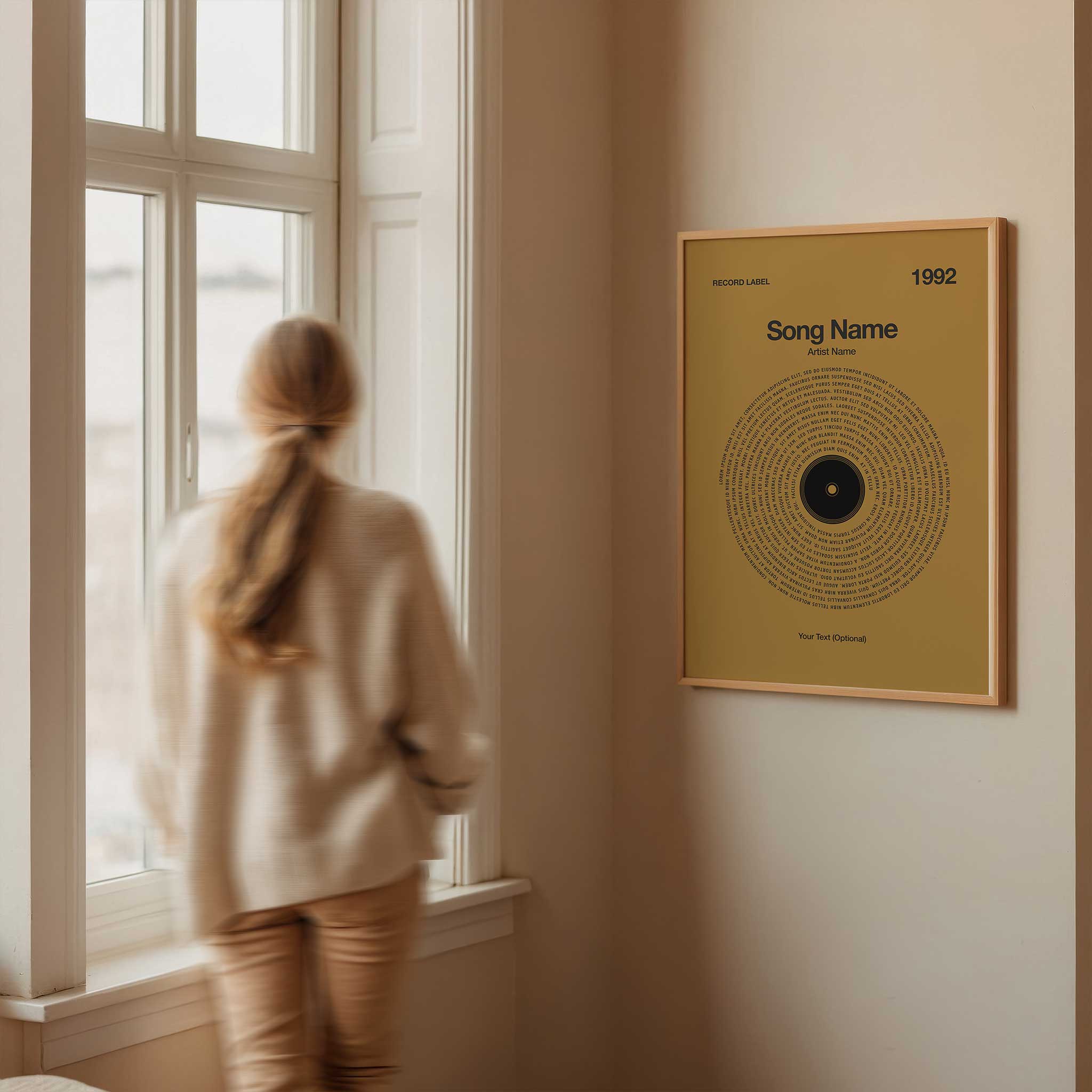 Vibrant Mustard Yellow background custom music wall art with personalized vinyl lyrics, cheerful aesthetic.