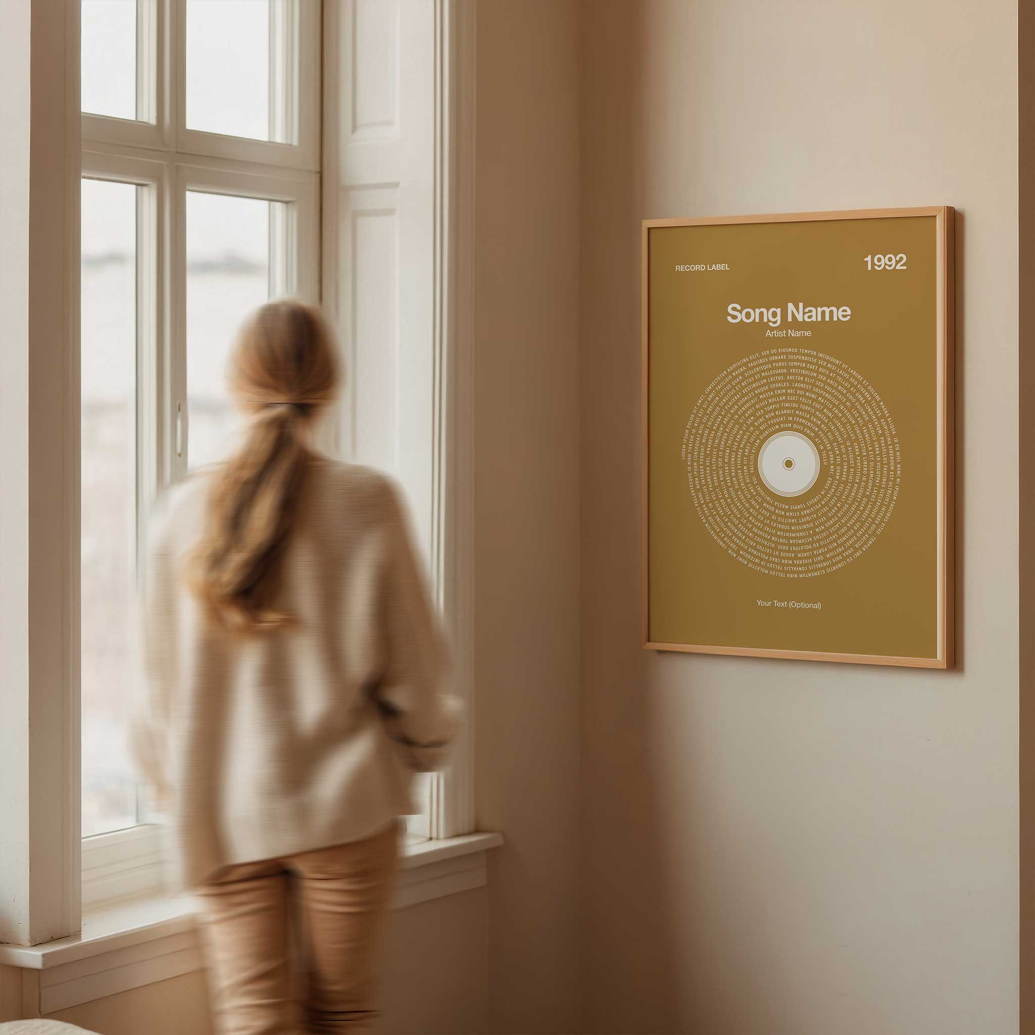 Soft Marigold background custom vinyl lyrics print, vibrant and elegant song wall art gift.