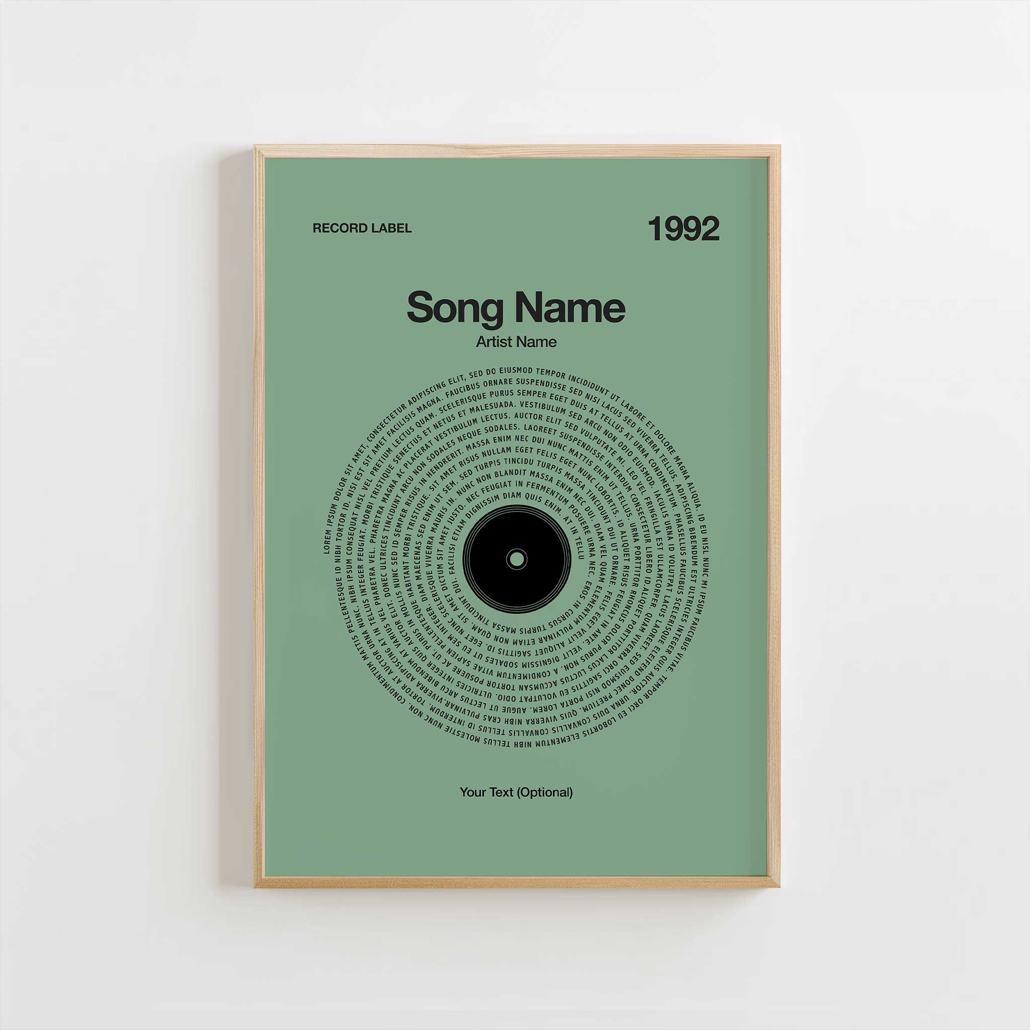 Calming Mint Green background custom lyrics wall art in a vinyl record style, simple music decor.