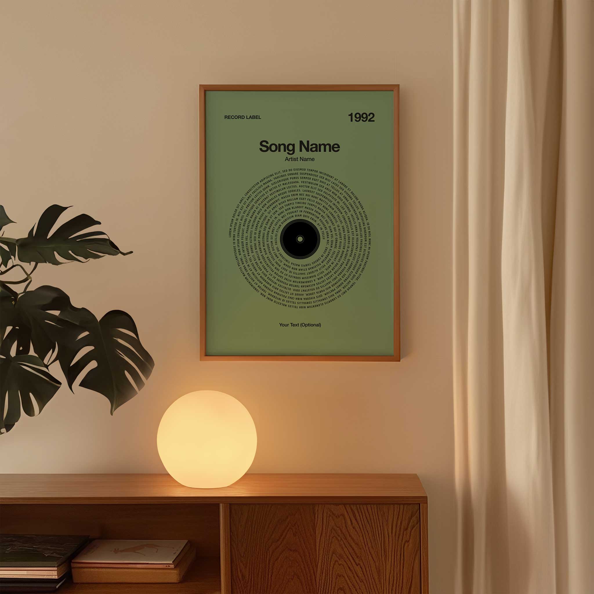 Calming Mint Green background custom lyrics wall art in a vinyl record style, simple music decor.