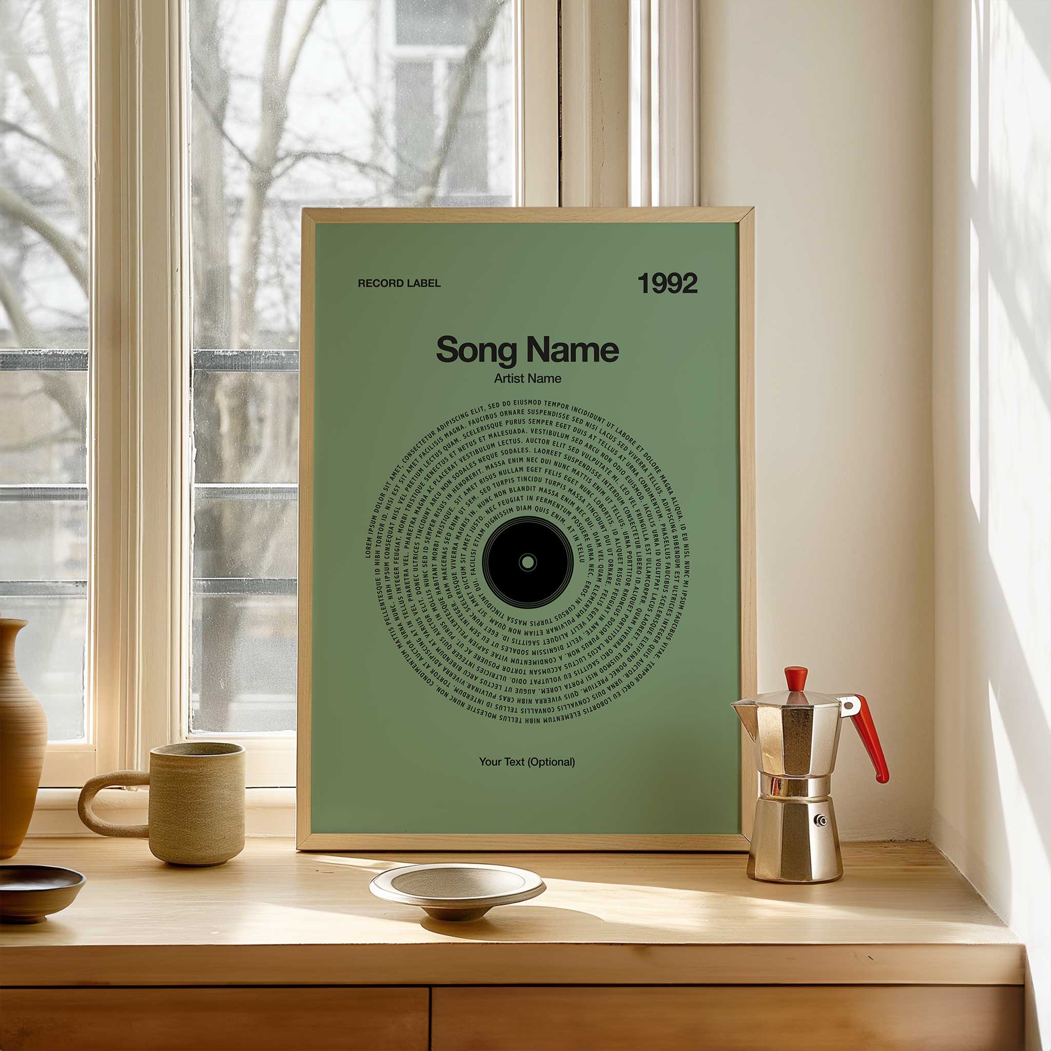 Calming Mint Green background custom lyrics wall art in a vinyl record style, simple music decor.