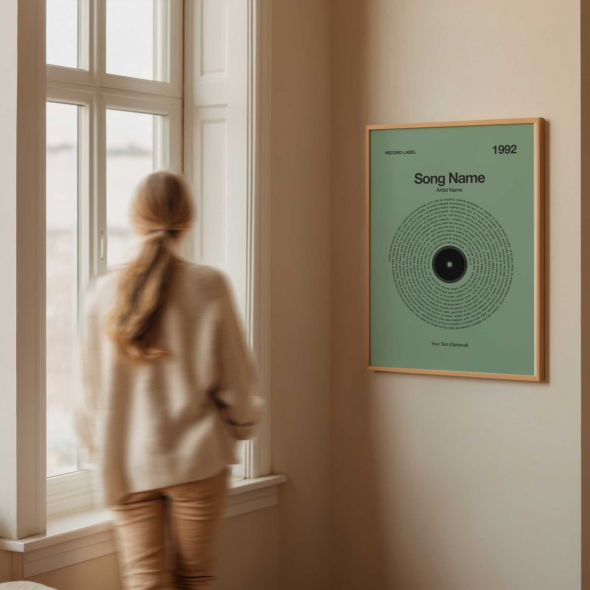 Calming Mint Green background custom lyrics wall art in a vinyl record style, simple music decor.