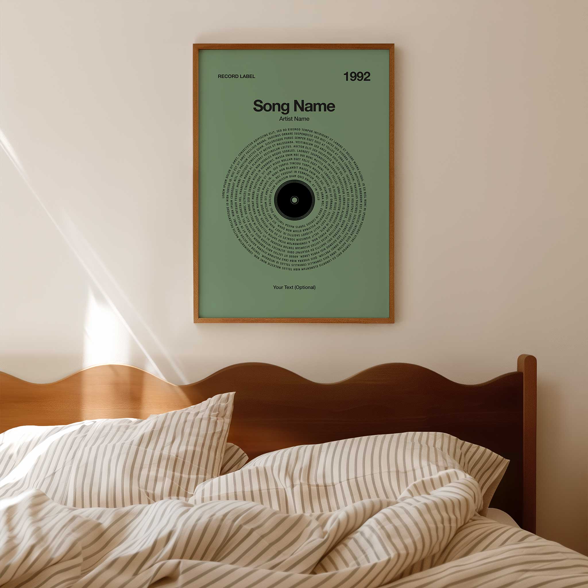 Calming Mint Green background custom lyrics wall art in a vinyl record style, simple music decor.