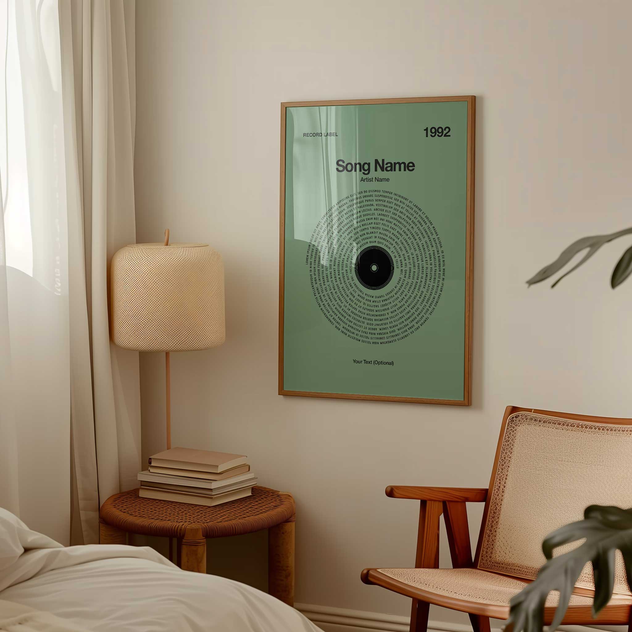 Calming Mint Green background custom lyrics wall art in a vinyl record style, simple music decor.