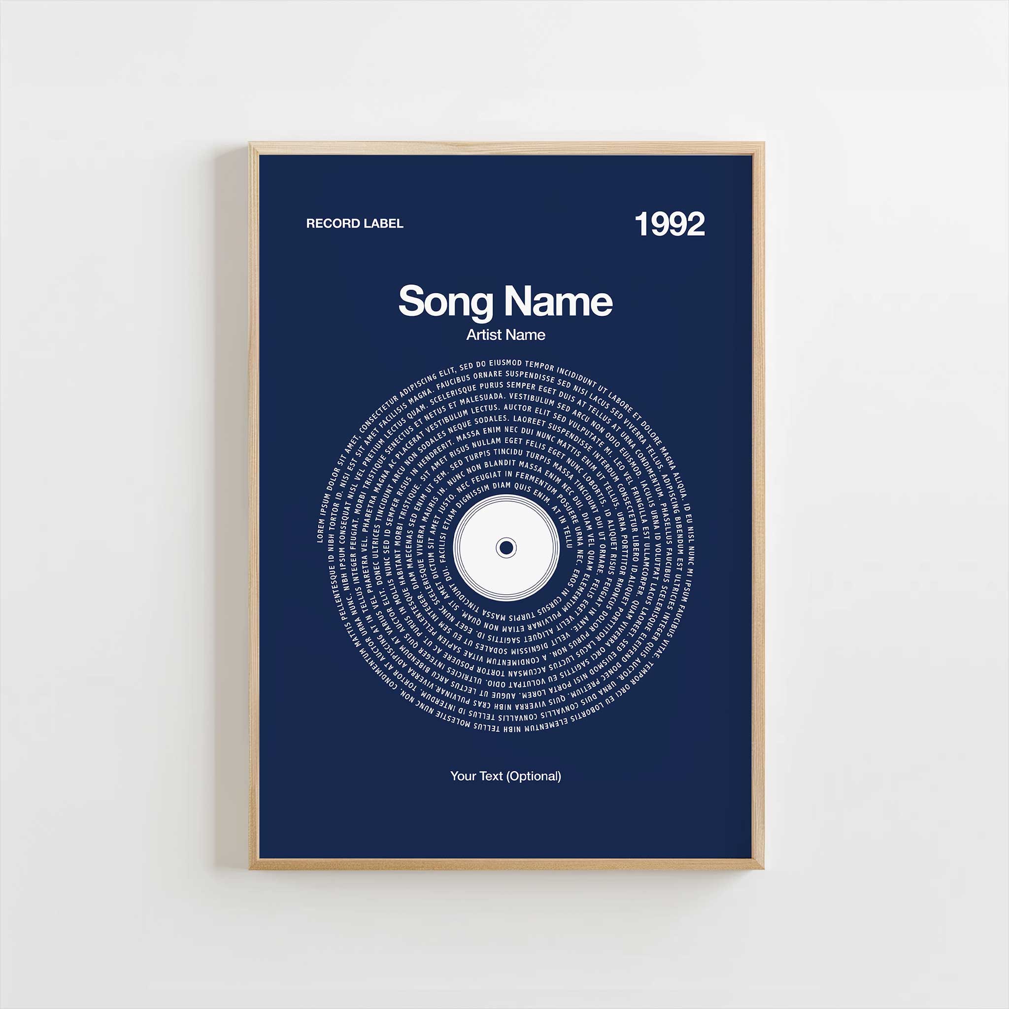 Deep Navy Blue background personalized song lyrics print in a vinyl record style, timeless music art.