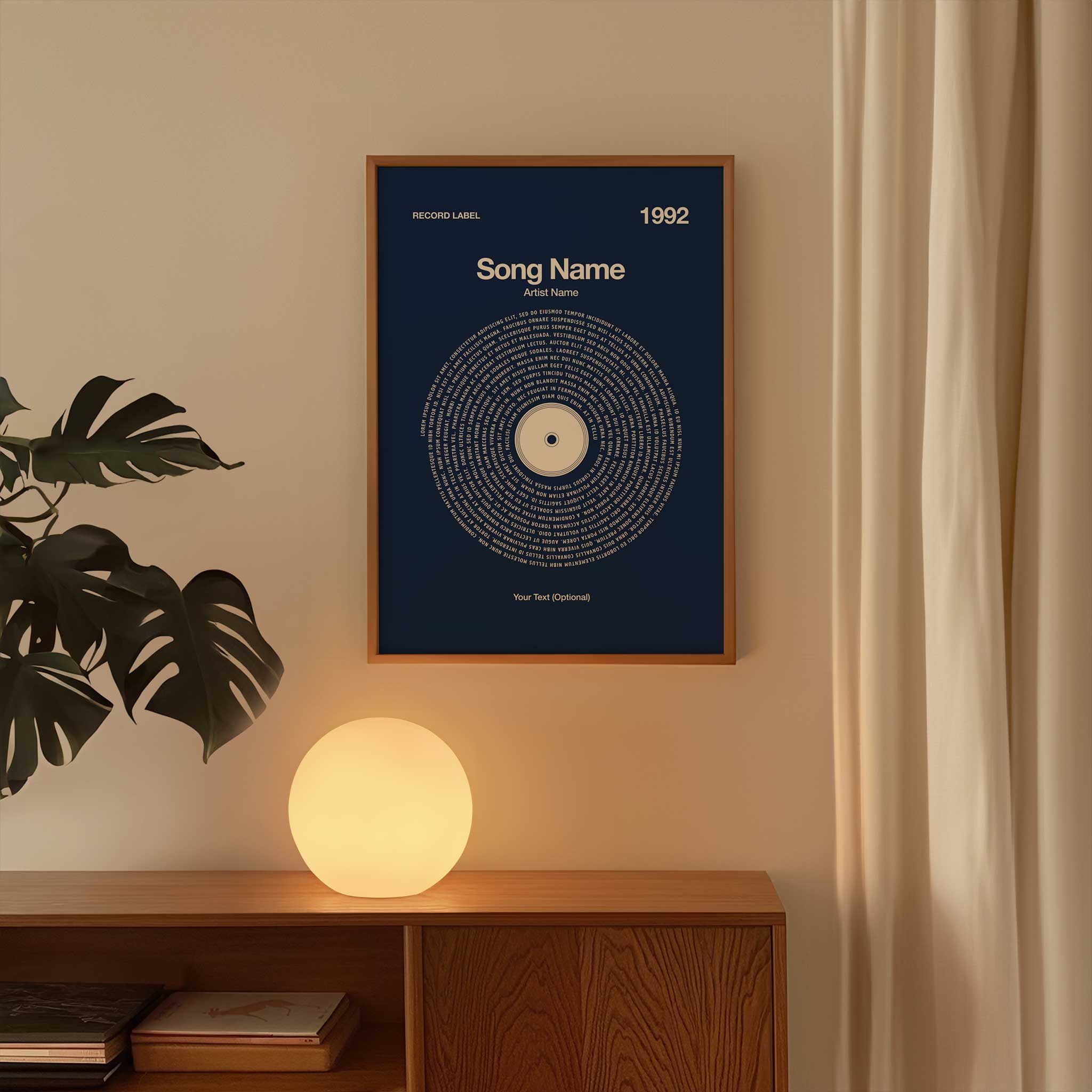 Deep Navy Blue background personalized song lyrics print in a vinyl record style, timeless music art.