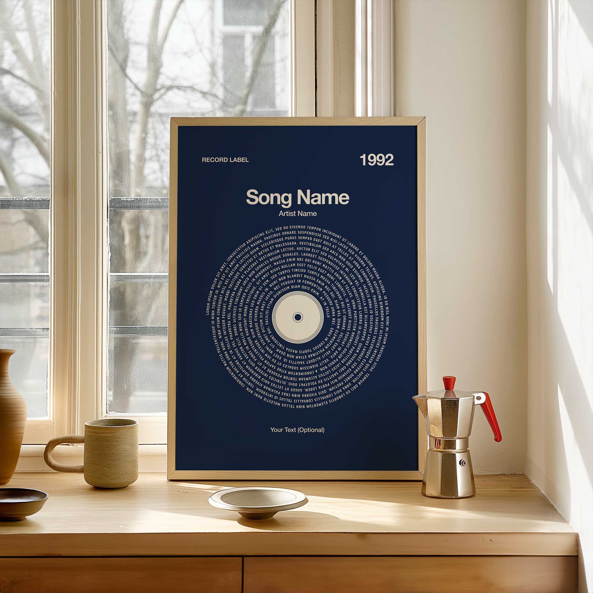 Deep Navy Blue background personalized song lyrics print in a vinyl record style, timeless music art.