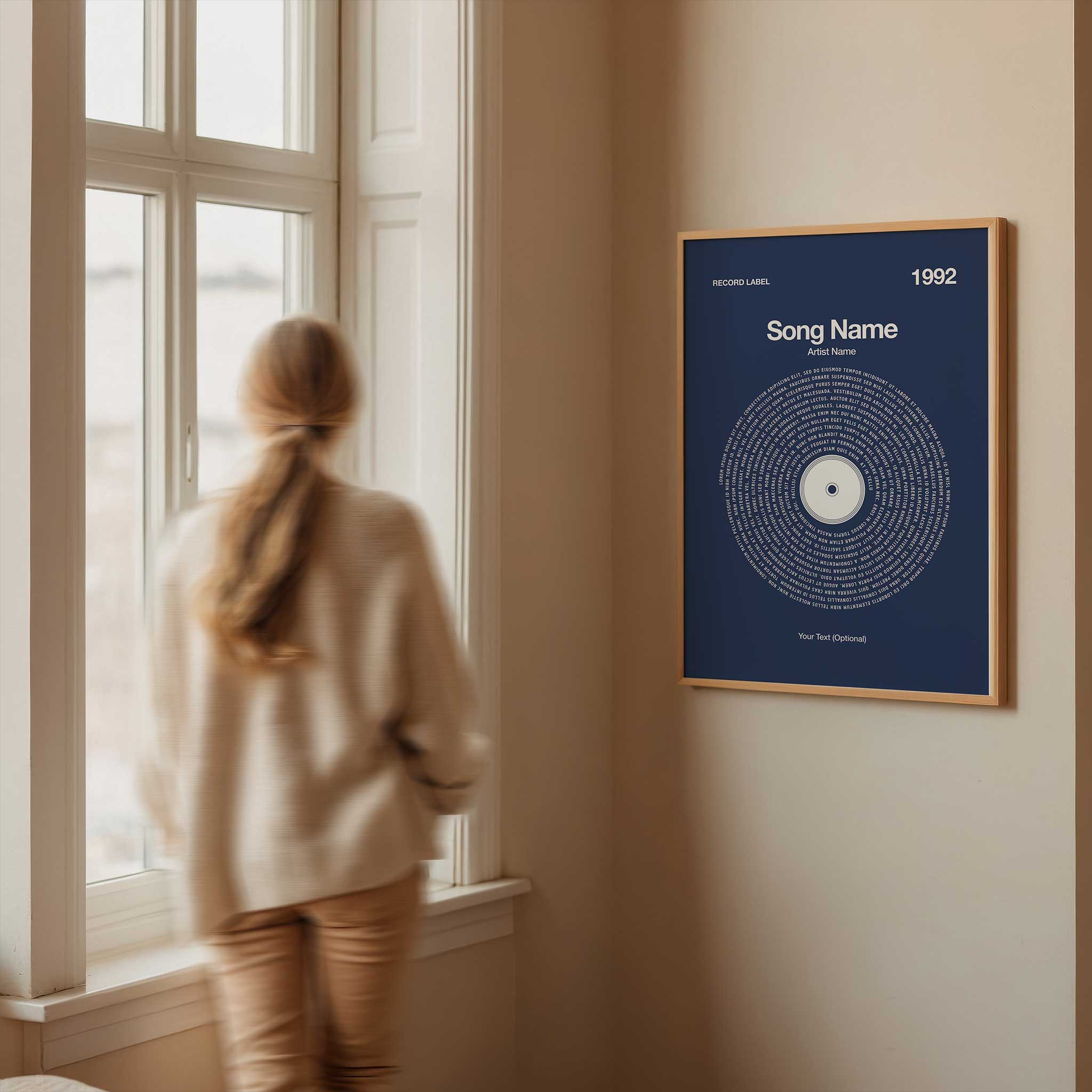 Deep Navy Blue background personalized song lyrics print in a vinyl record style, timeless music art.