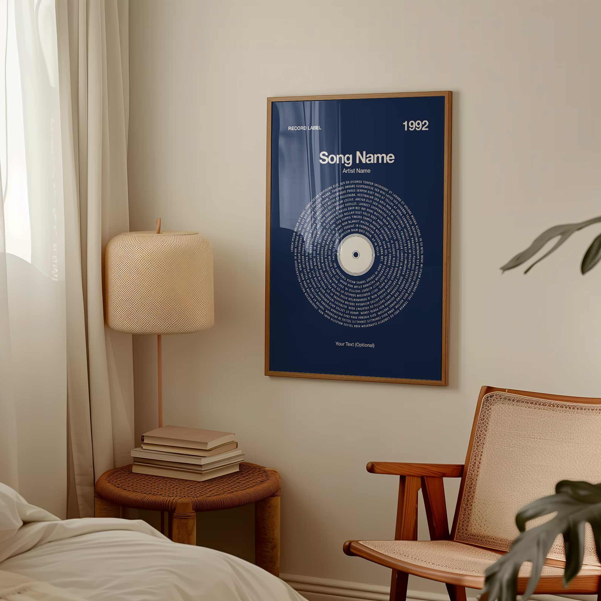 Deep Navy Blue background personalized song lyrics print in a vinyl record style, timeless music art.