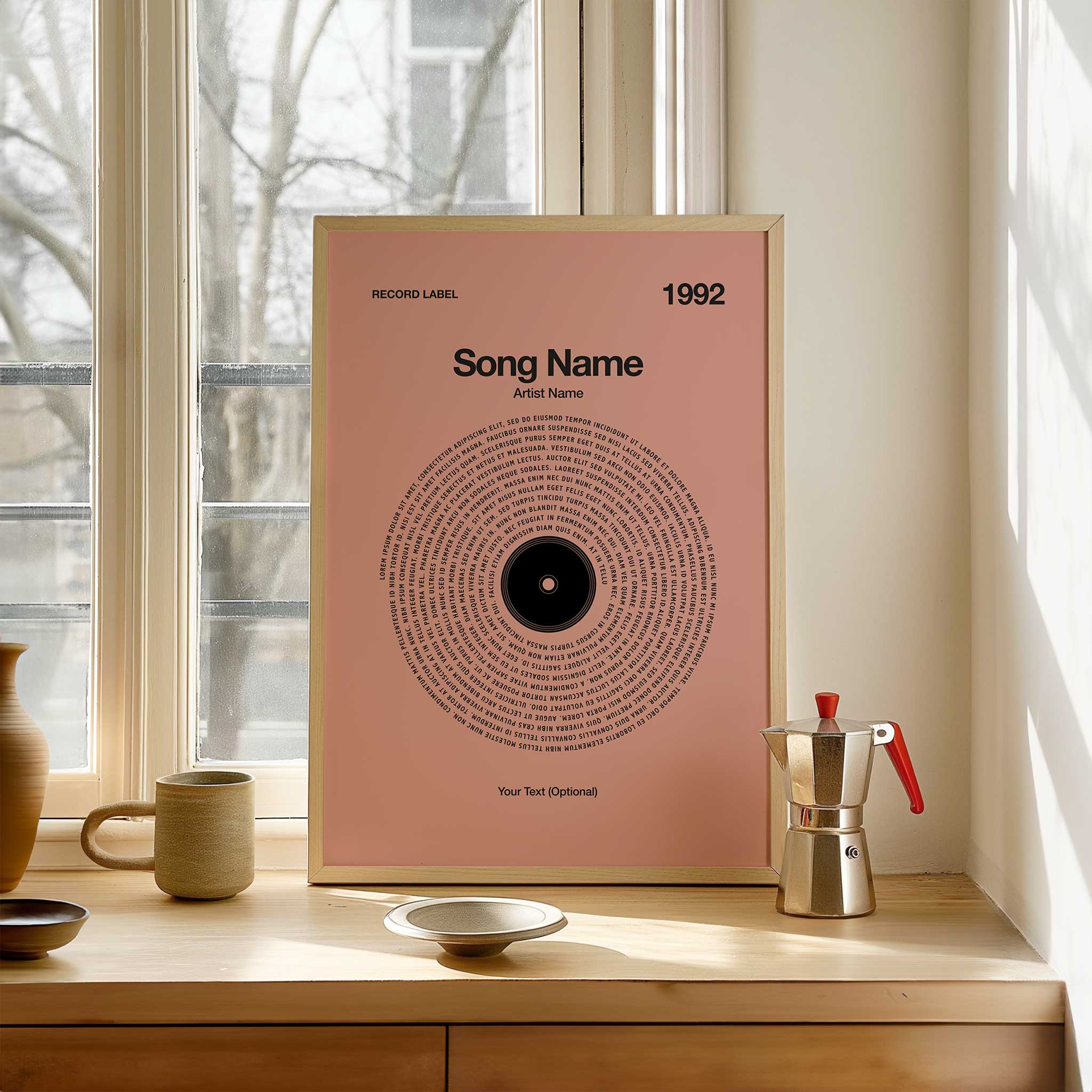 Warm Peach background custom vinyl lyrics print, soft wedding song wall art or gentle music gift.