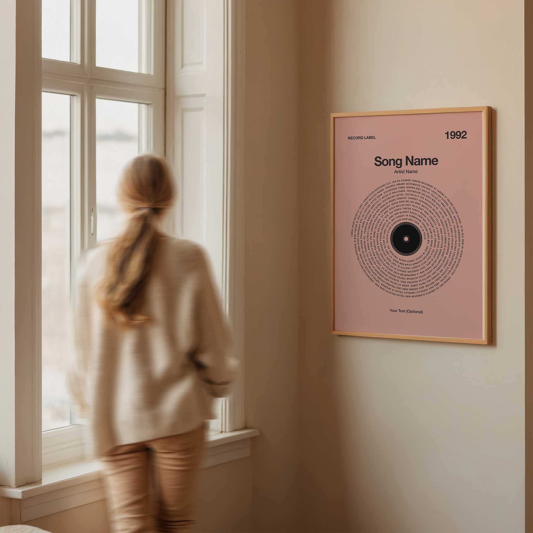 Warm Peach background custom vinyl lyrics print, soft wedding song wall art or gentle music gift.