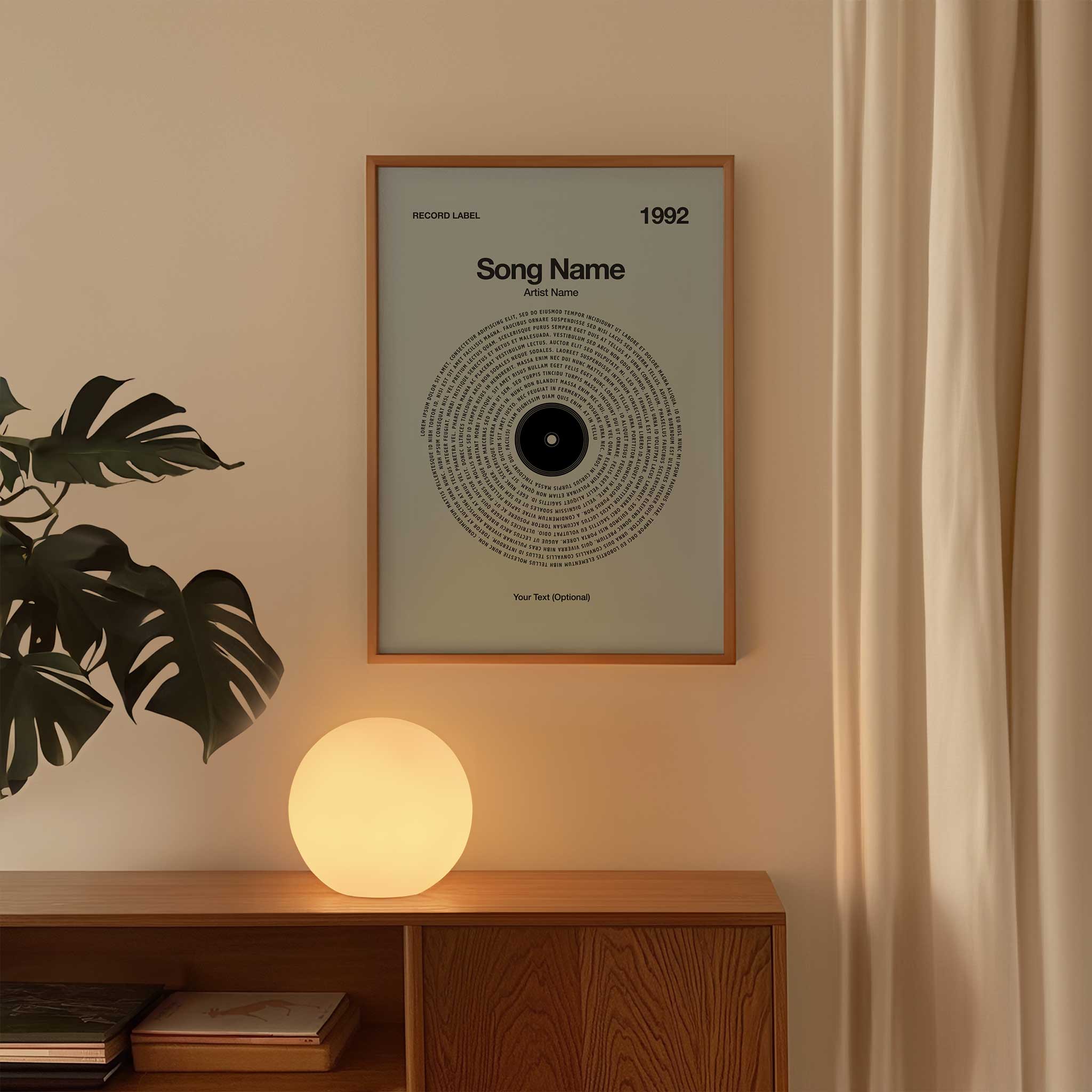 Soft Powder-Blue background personalized song lyrics wall art in a vinyl record design, calm music print.