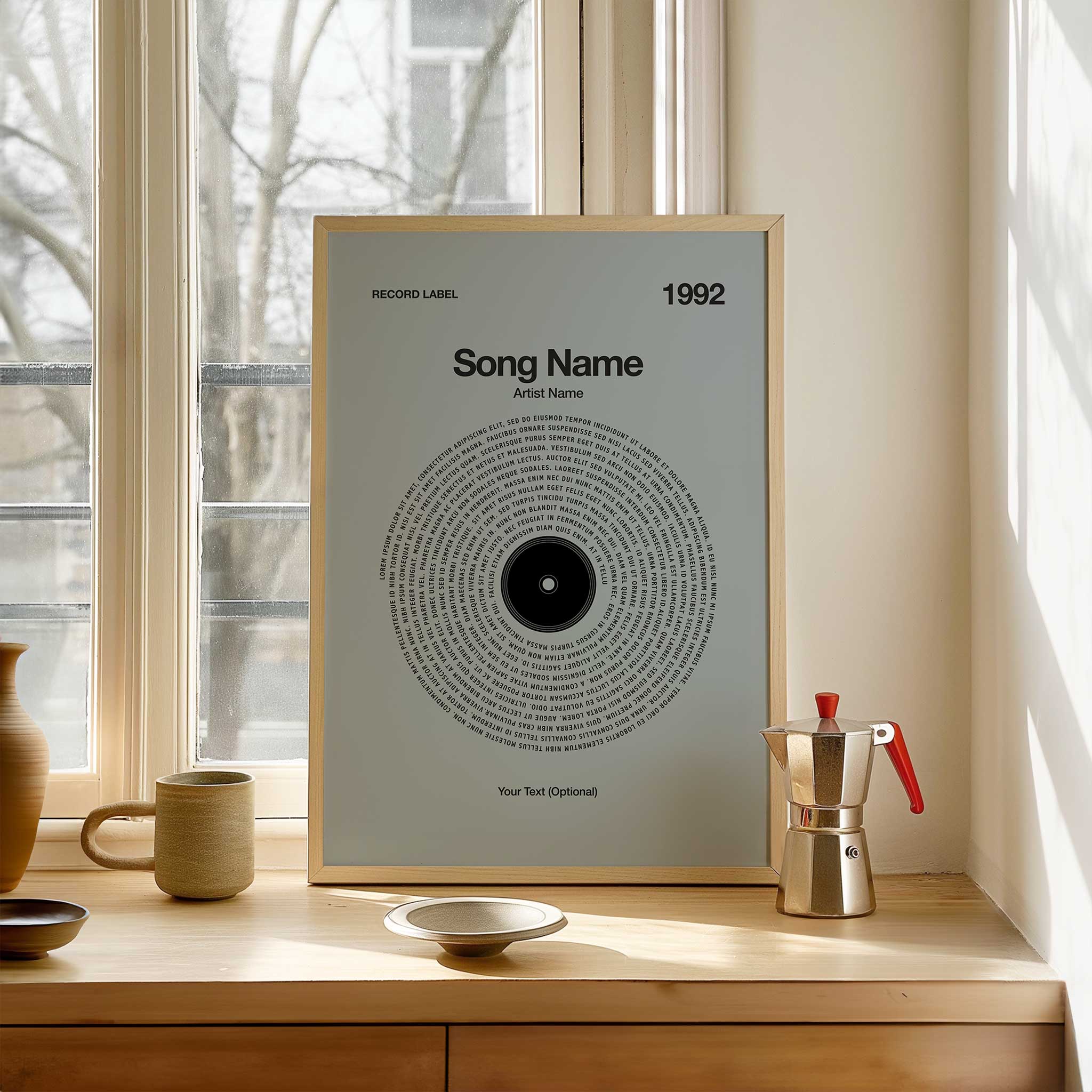 Soft Powder-Blue background personalized song lyrics wall art in a vinyl record design, calm music print.