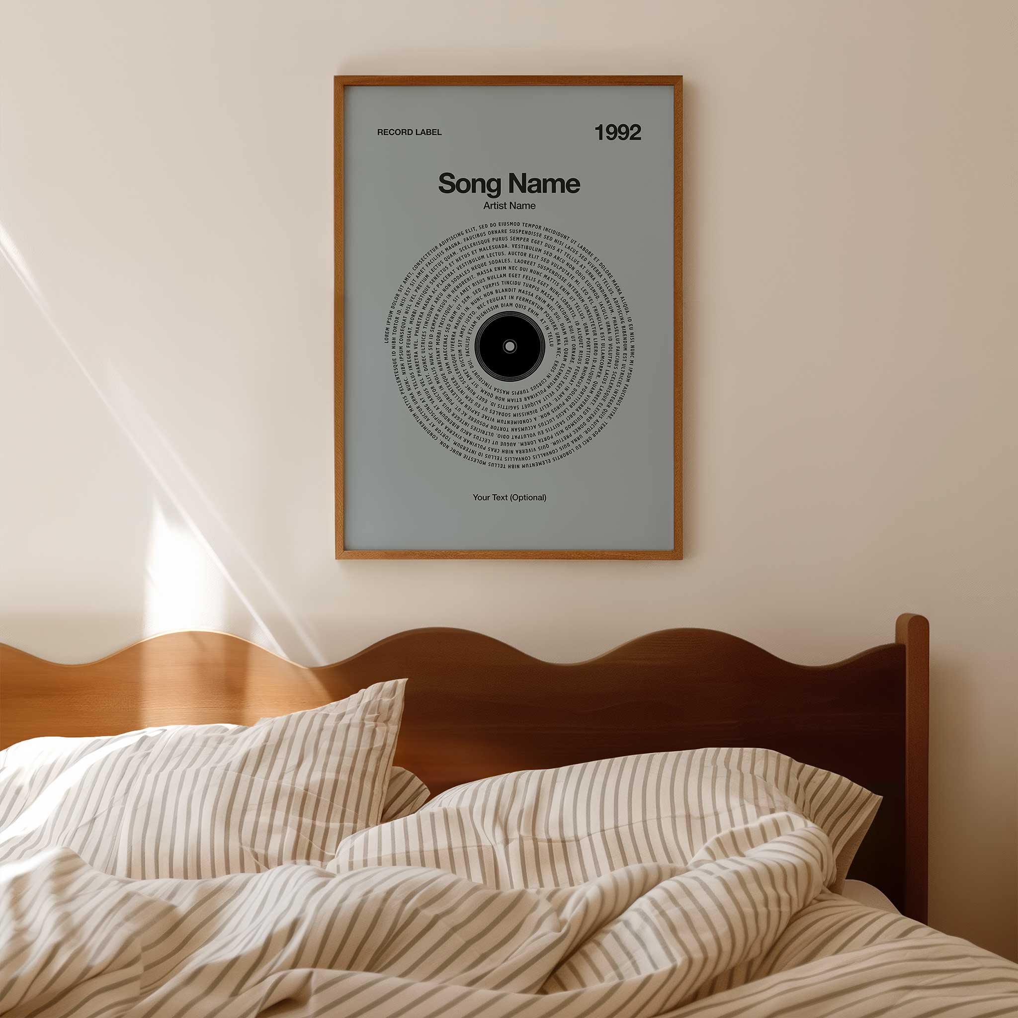 Soft Powder-Blue background personalized song lyrics wall art in a vinyl record design, calm music print.