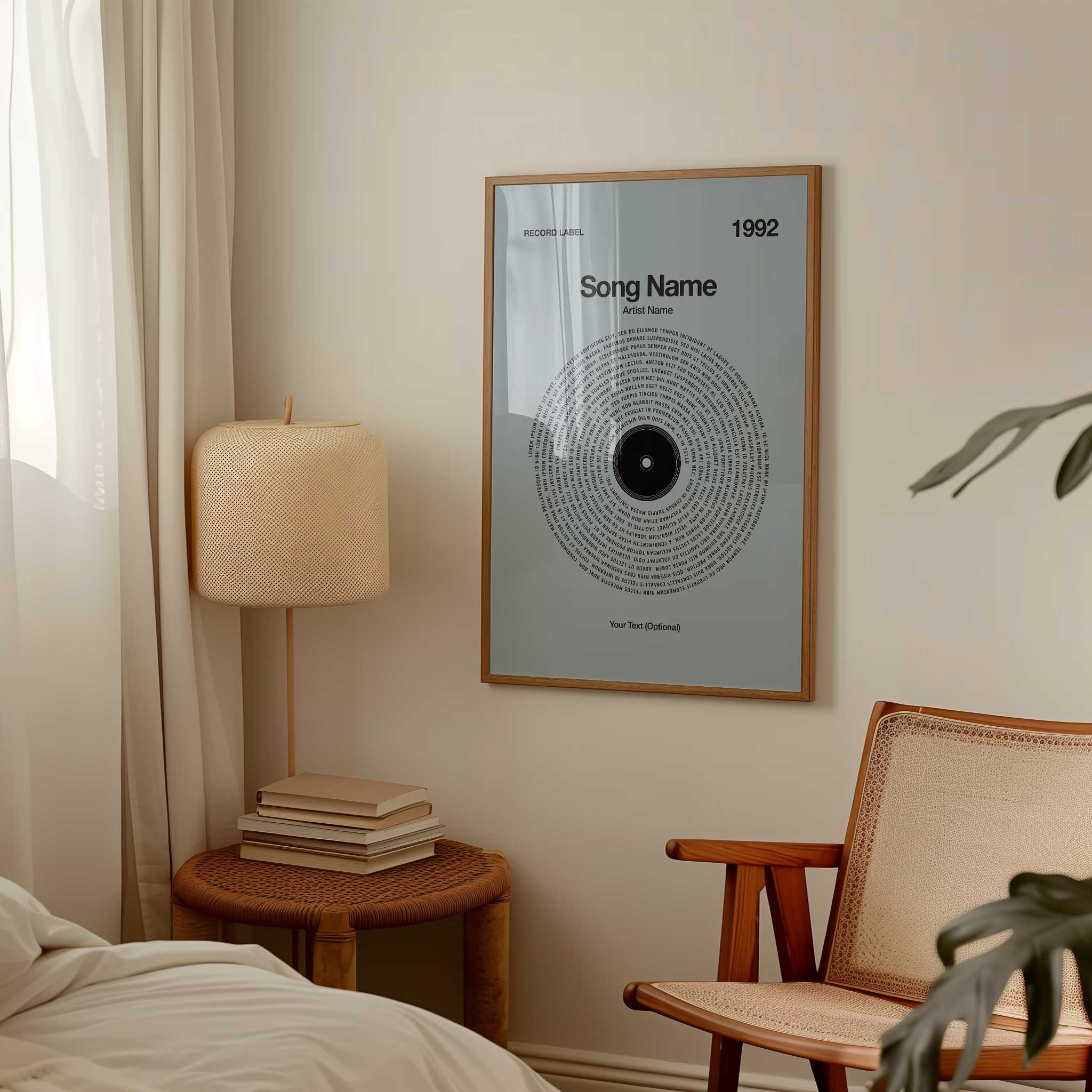 Soft Powder-Blue background personalized song lyrics wall art in a vinyl record design, calm music print.