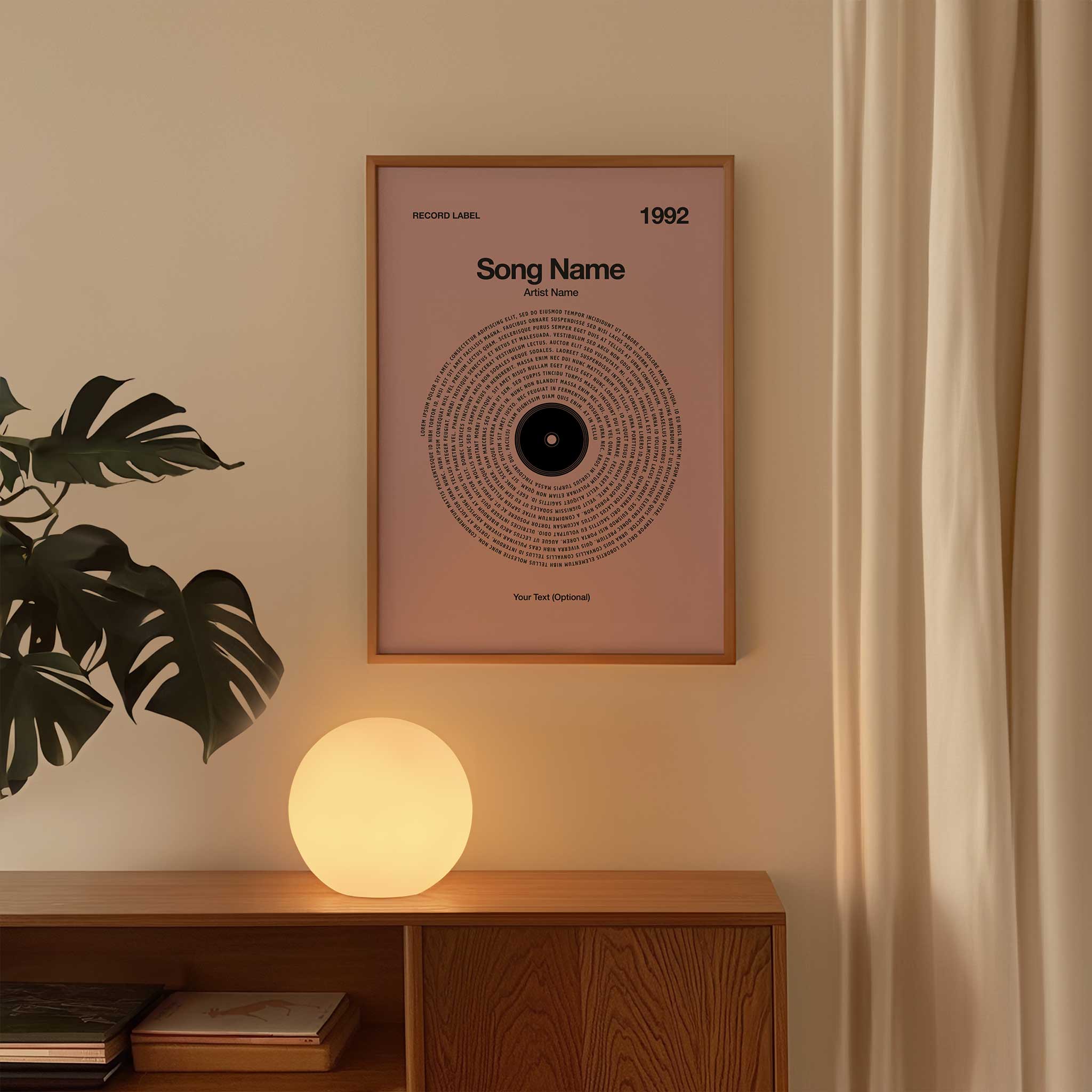 Deep Rosewood background custom music wall art with personalized vinyl lyrics, sophisticated aesthetic.