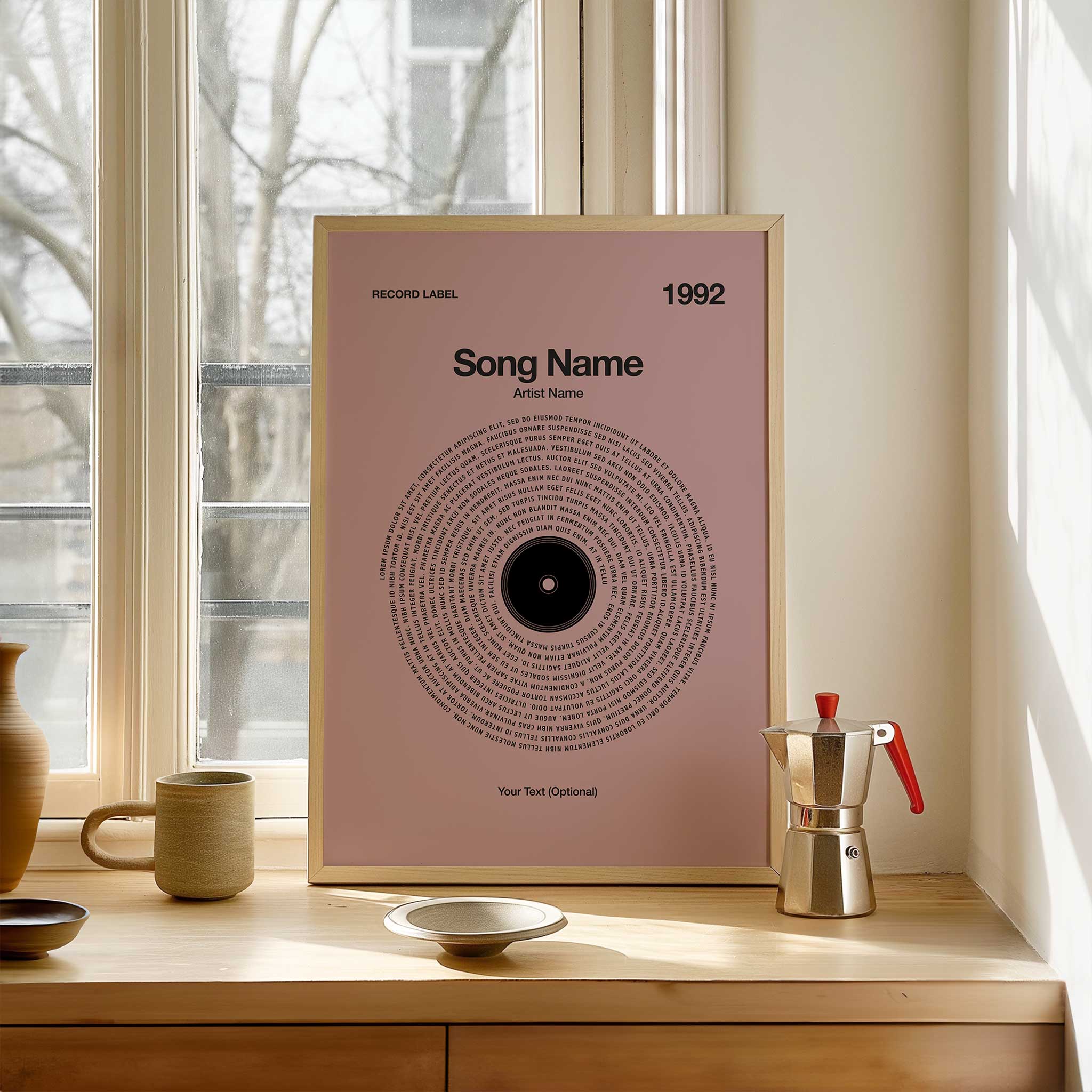 Deep Rosewood background custom music wall art with personalized vinyl lyrics, sophisticated aesthetic.