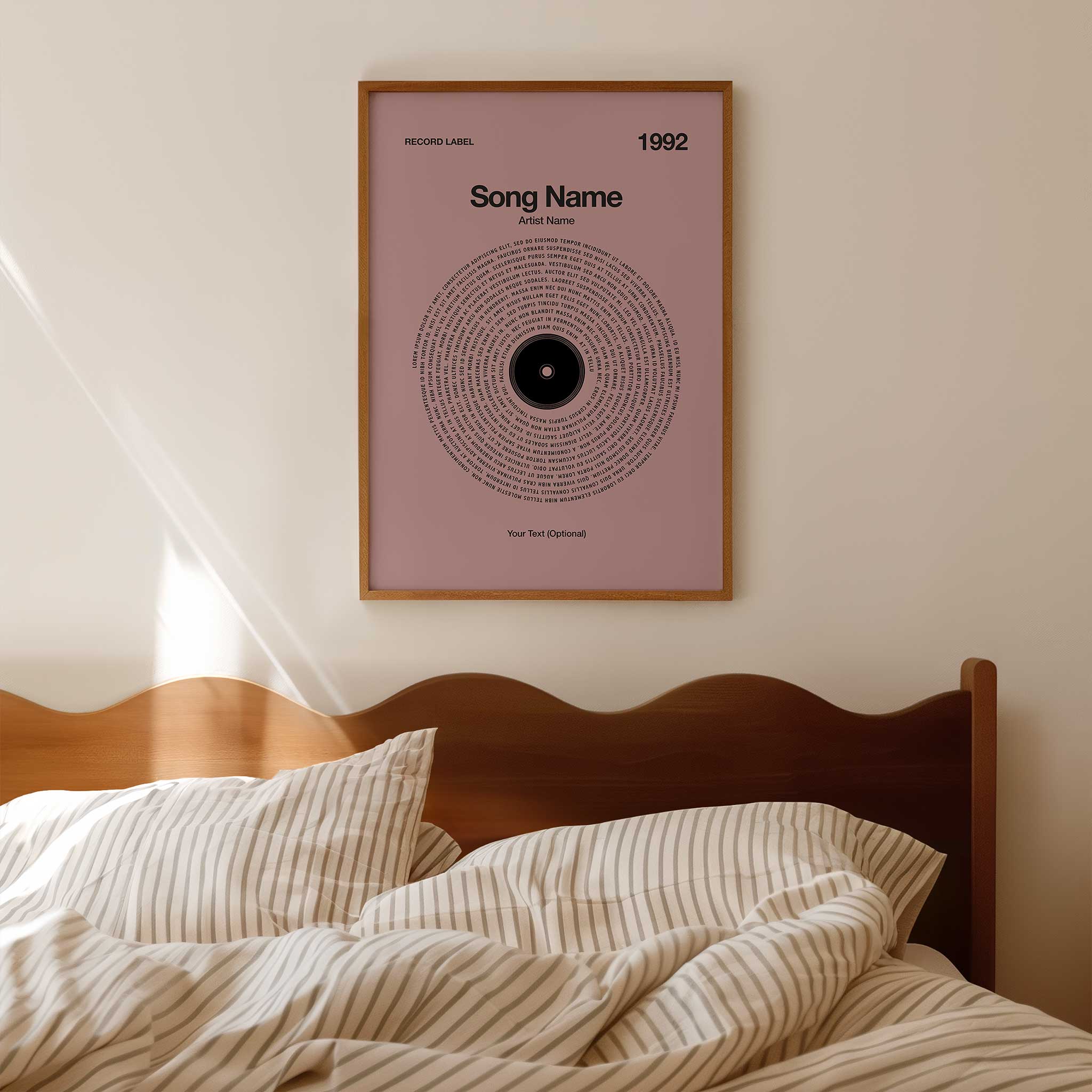 Deep Rosewood background custom music wall art with personalized vinyl lyrics, sophisticated aesthetic.