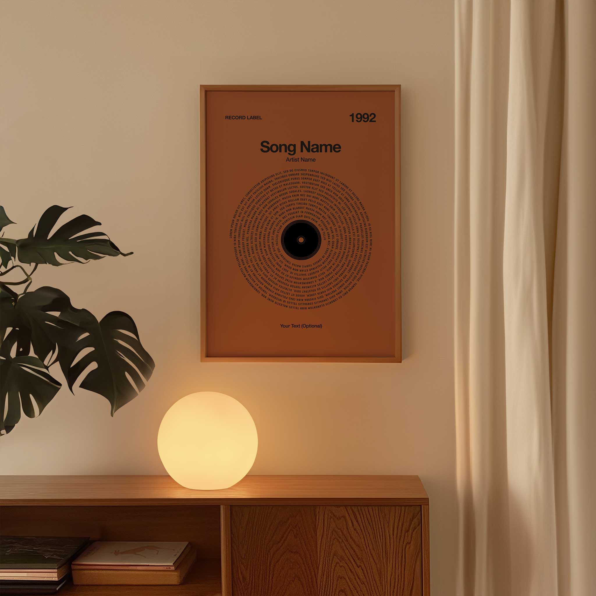 Rich Rust-colored background personalized song lyrics print in a vinyl record style, rustic music gift.