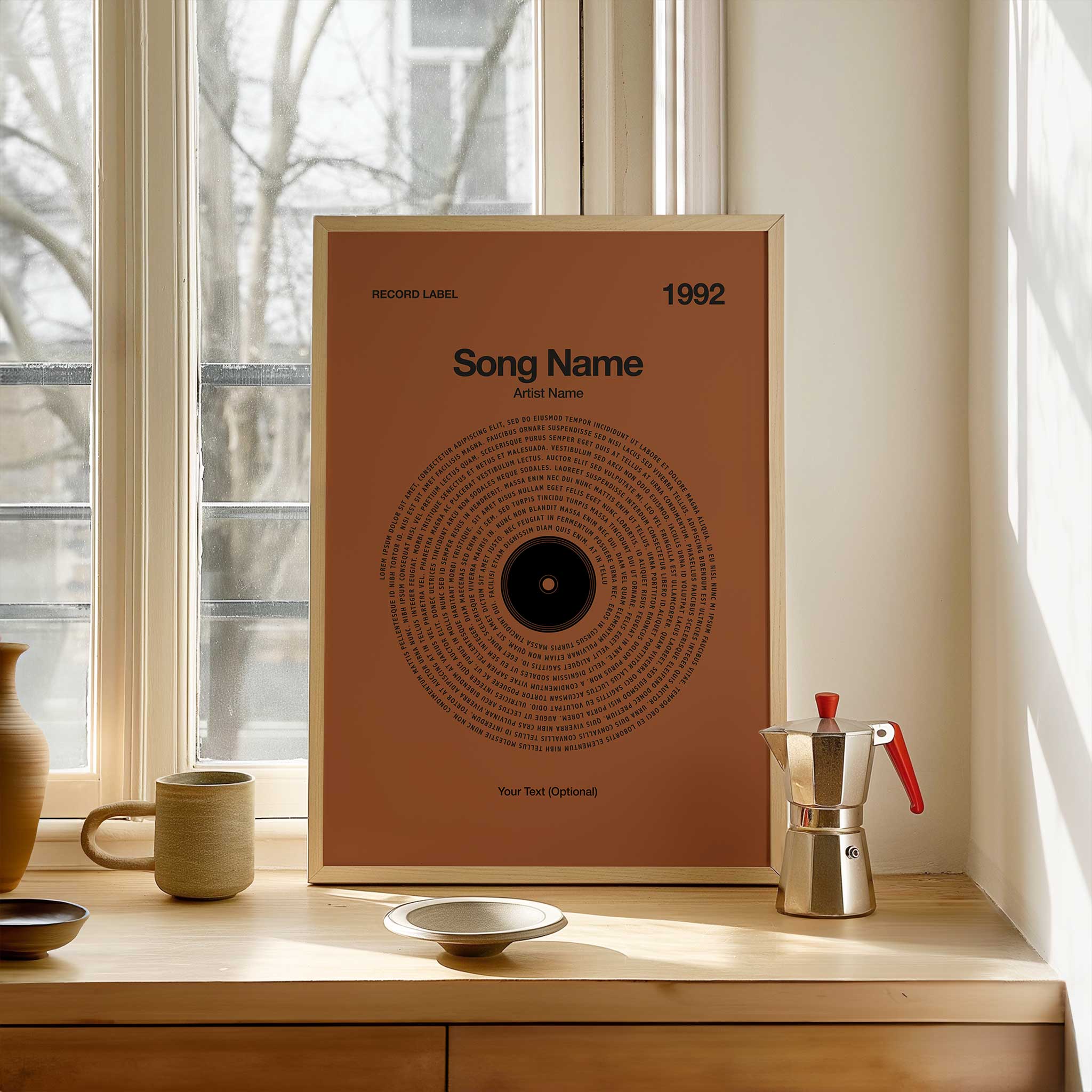 Rich Rust-colored background personalized song lyrics print in a vinyl record style, rustic music gift.