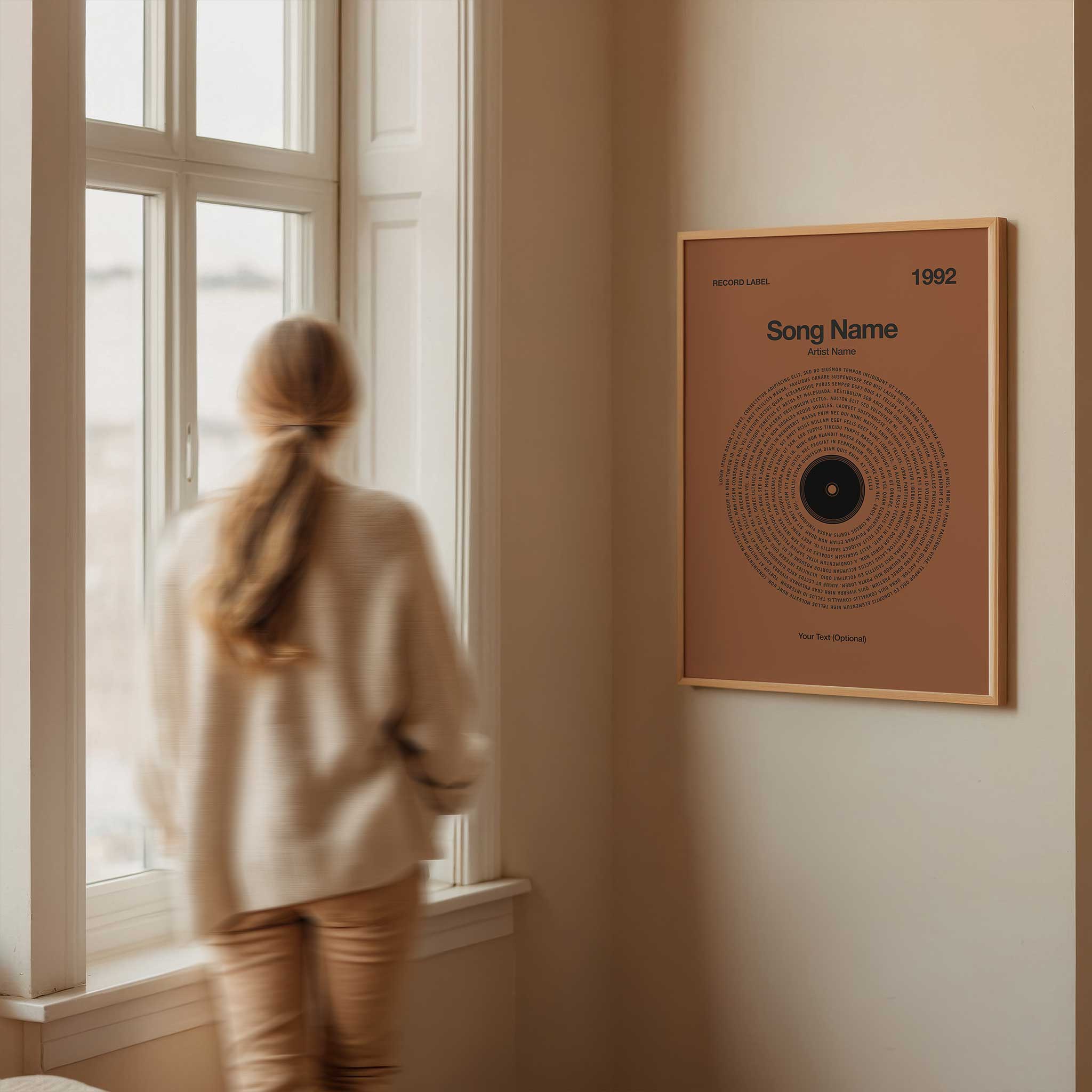 Rich Rust-colored background personalized song lyrics print in a vinyl record style, rustic music gift.