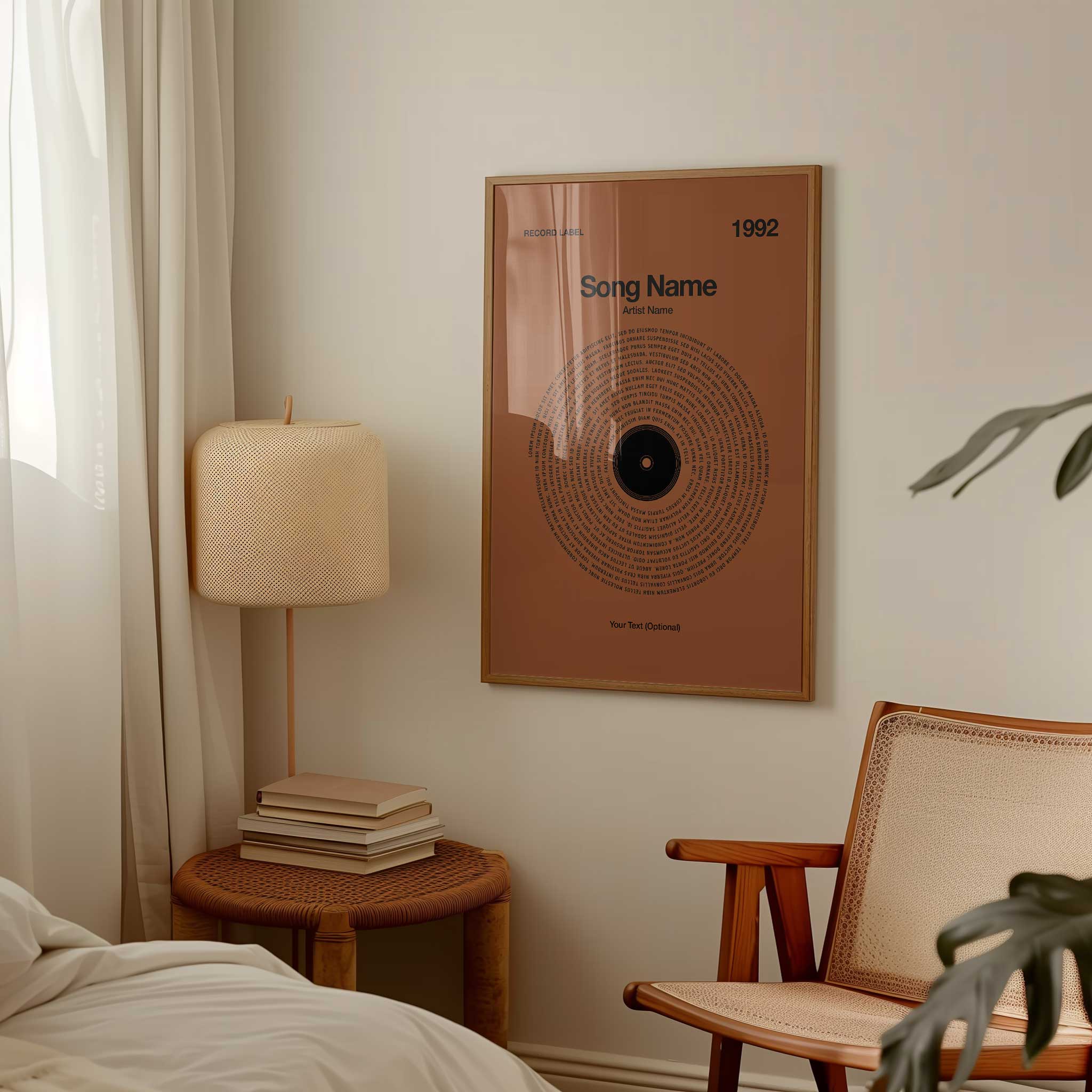 Rich Rust-colored background personalized song lyrics print in a vinyl record style, rustic music gift.