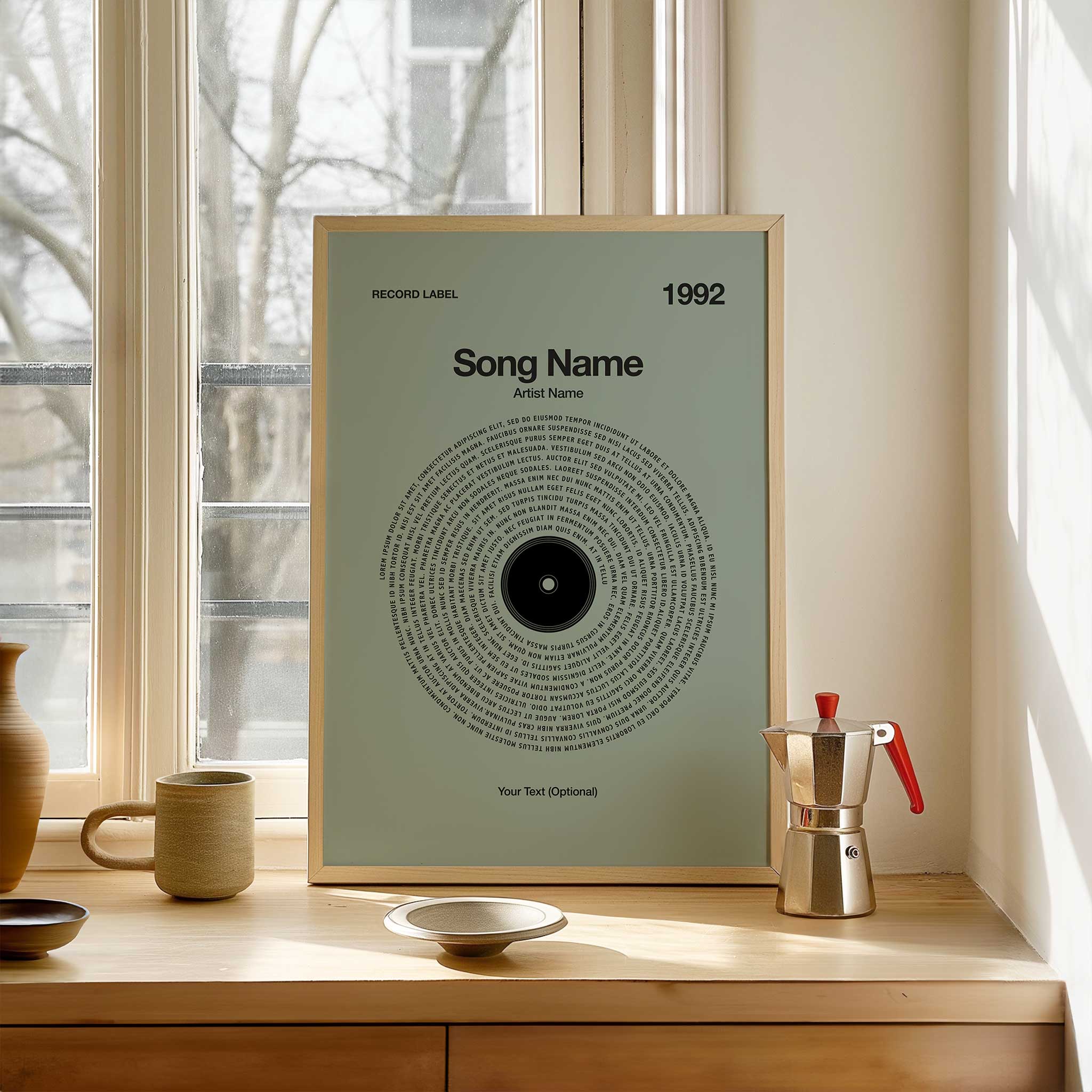Soft Sage background custom lyrics wall art in a vinyl record design, heartfelt personalized music print.