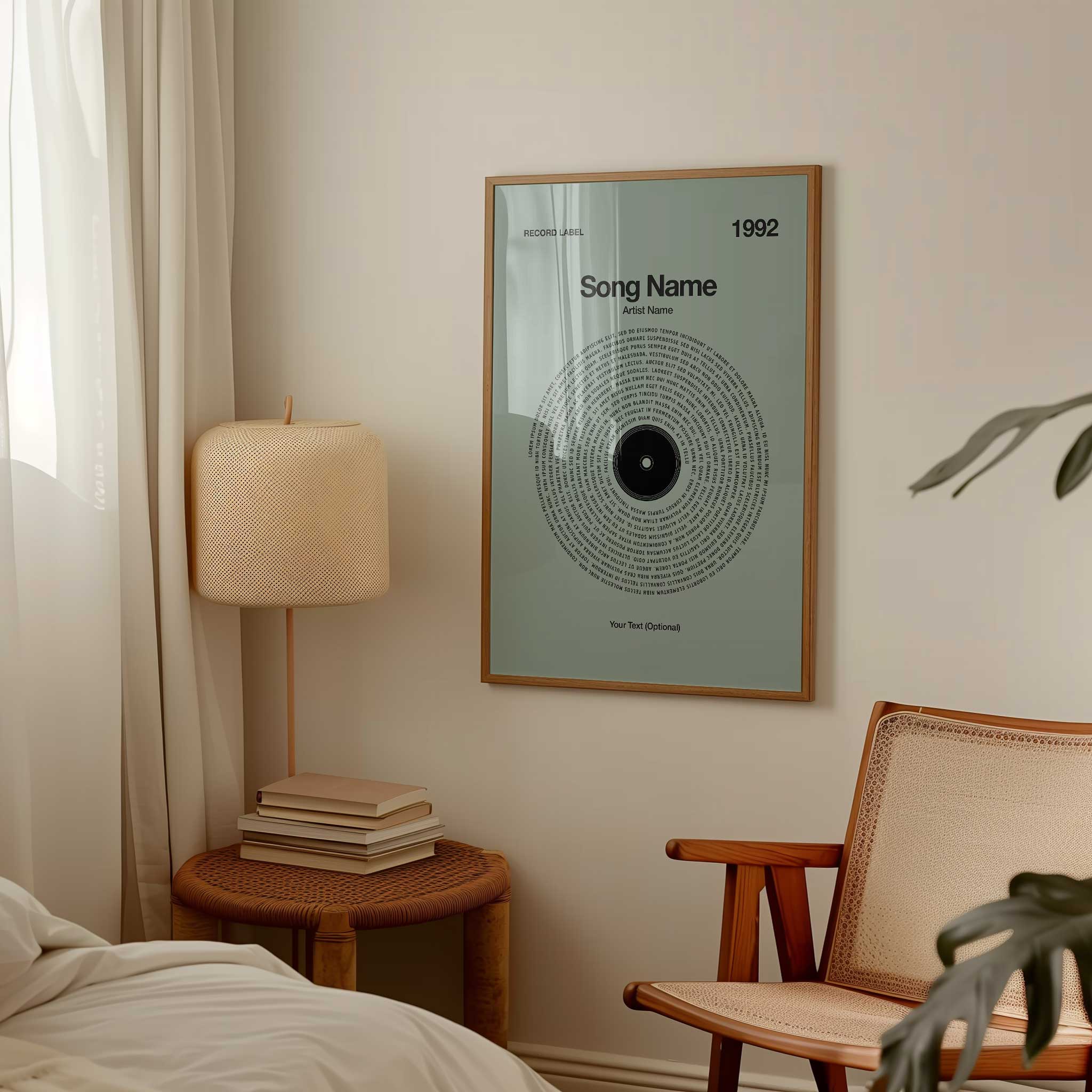 Soft Sage background custom lyrics wall art in a vinyl record design, heartfelt personalized music print.