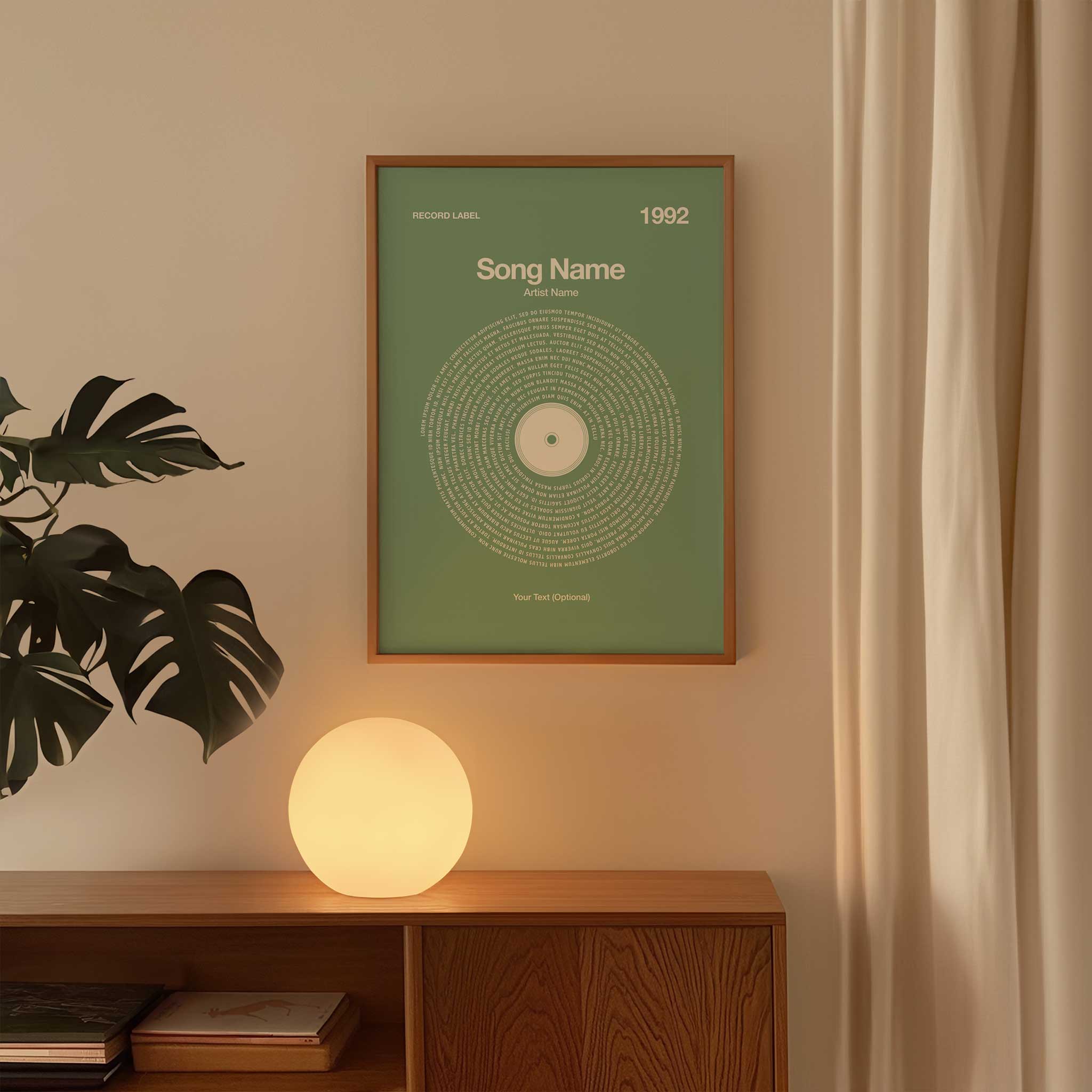 Soft Sagebrush background custom printed song lyrics in a vinyl record style, cozy music lover gift.