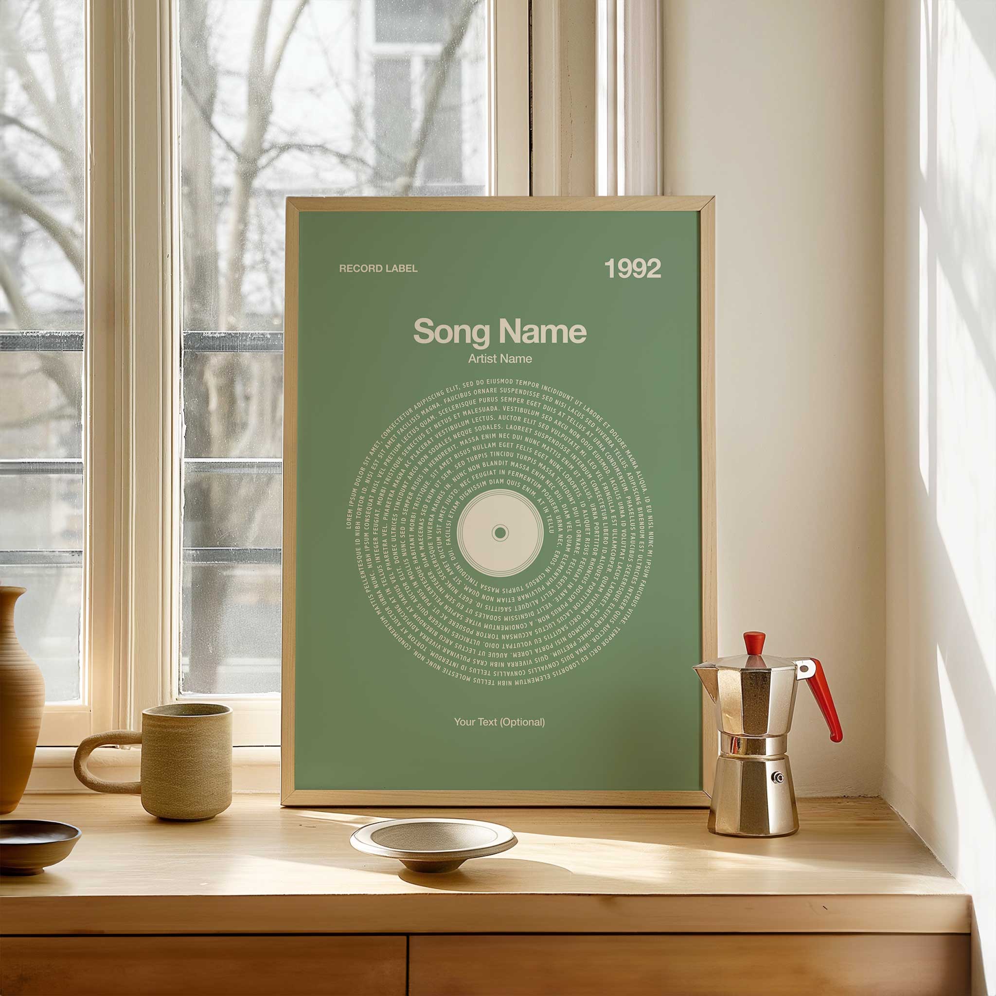 Soft Sagebrush background custom printed song lyrics in a vinyl record style, cozy music lover gift.