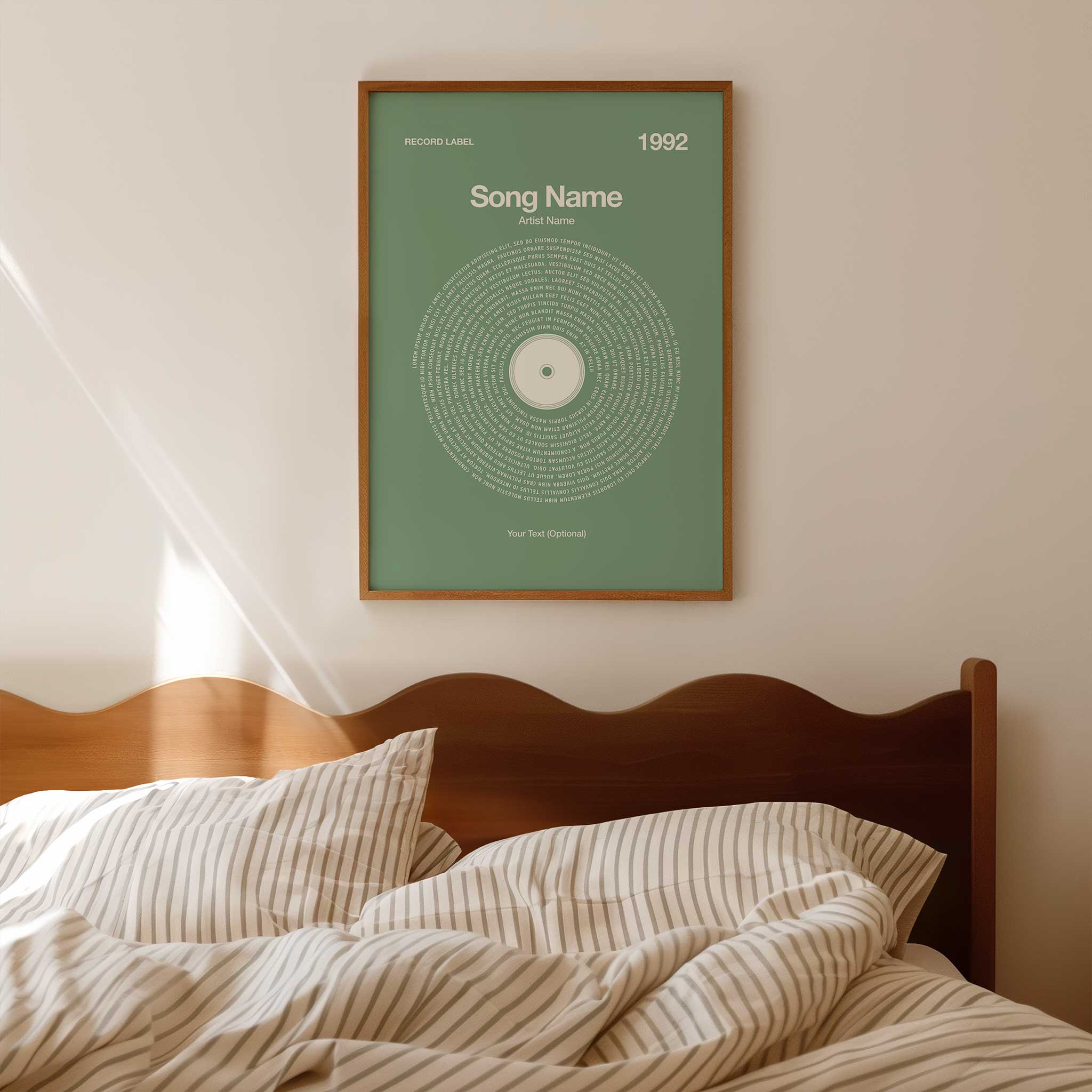 Soft Sagebrush background custom printed song lyrics in a vinyl record style, cozy music lover gift.