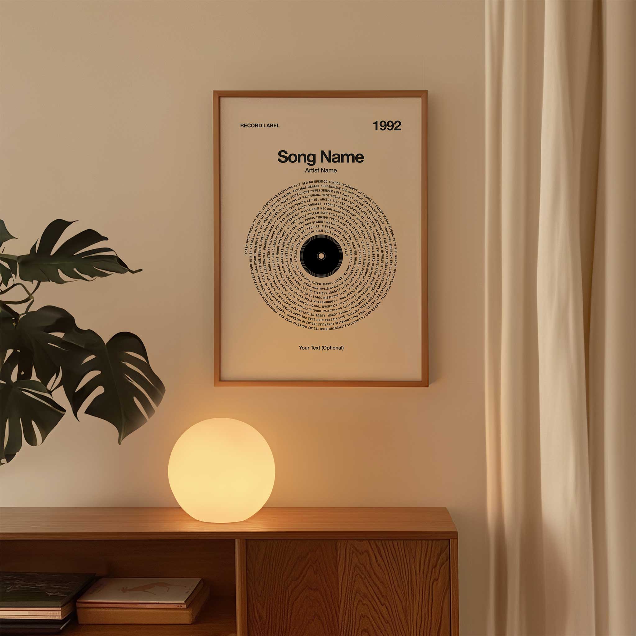 Soft Sand-colored background personalized song lyrics wall art in a vinyl record design, serene music decor.