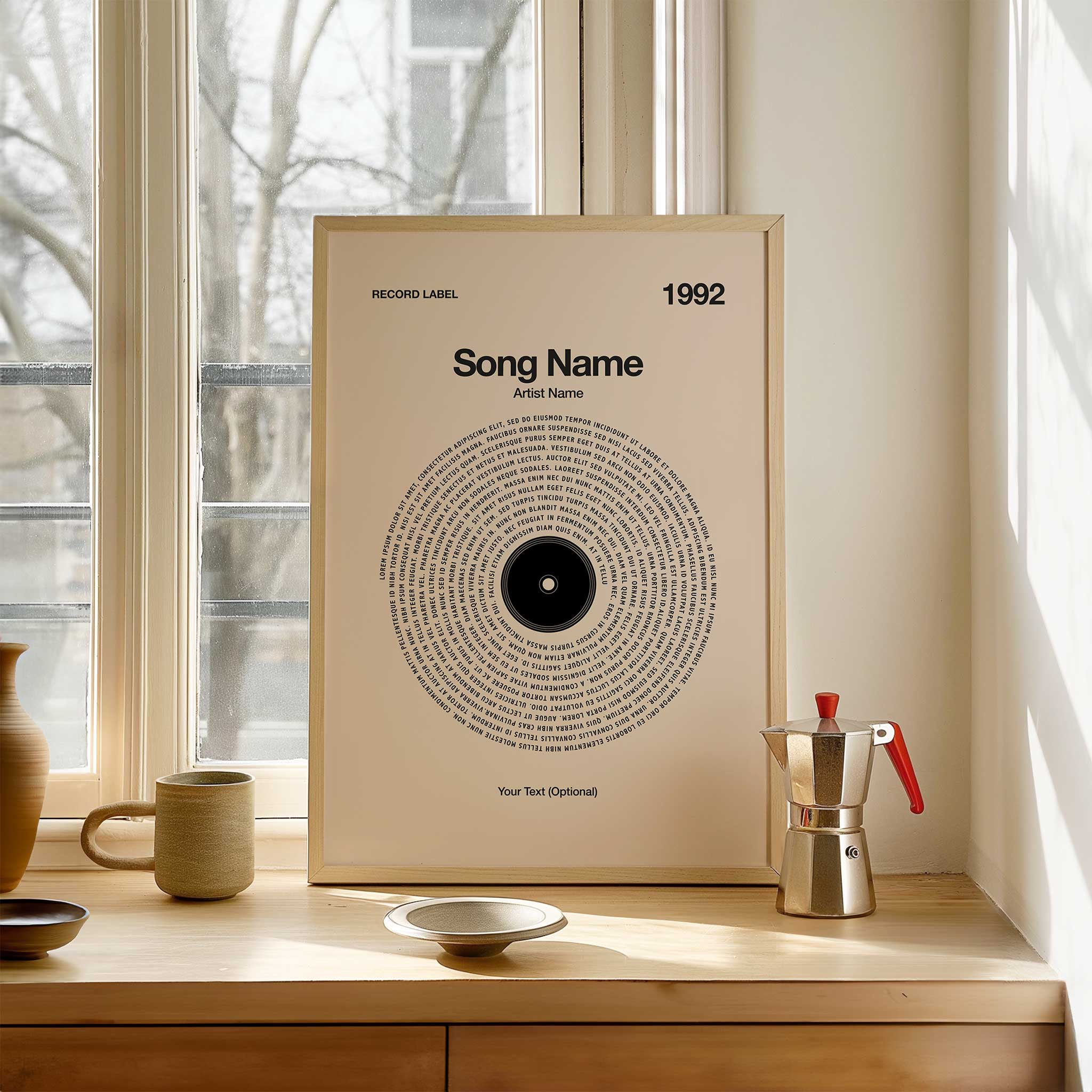 Soft Sand-colored background personalized song lyrics wall art in a vinyl record design, serene music decor.