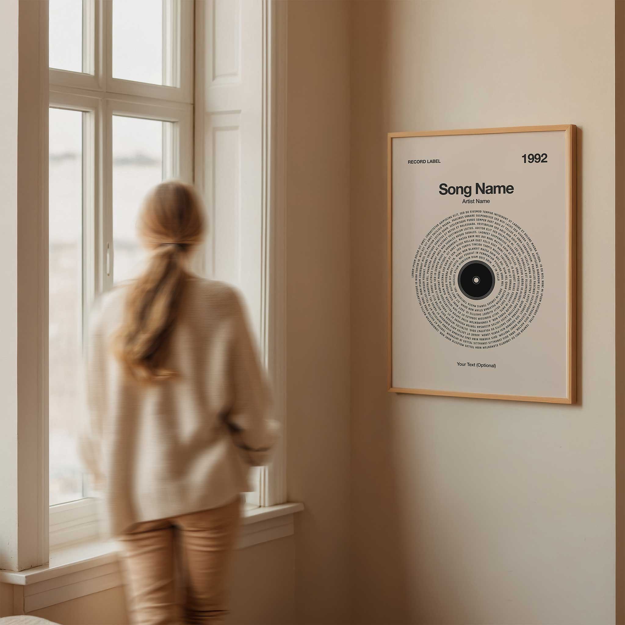 Soft Sand-colored background personalized song lyrics wall art in a vinyl record design, serene music decor.
