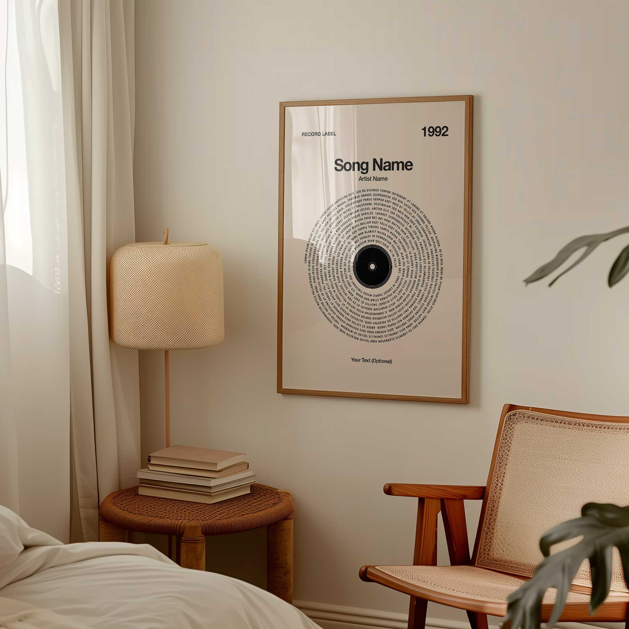 Soft Sand-colored background personalized song lyrics wall art in a vinyl record design, serene music decor.