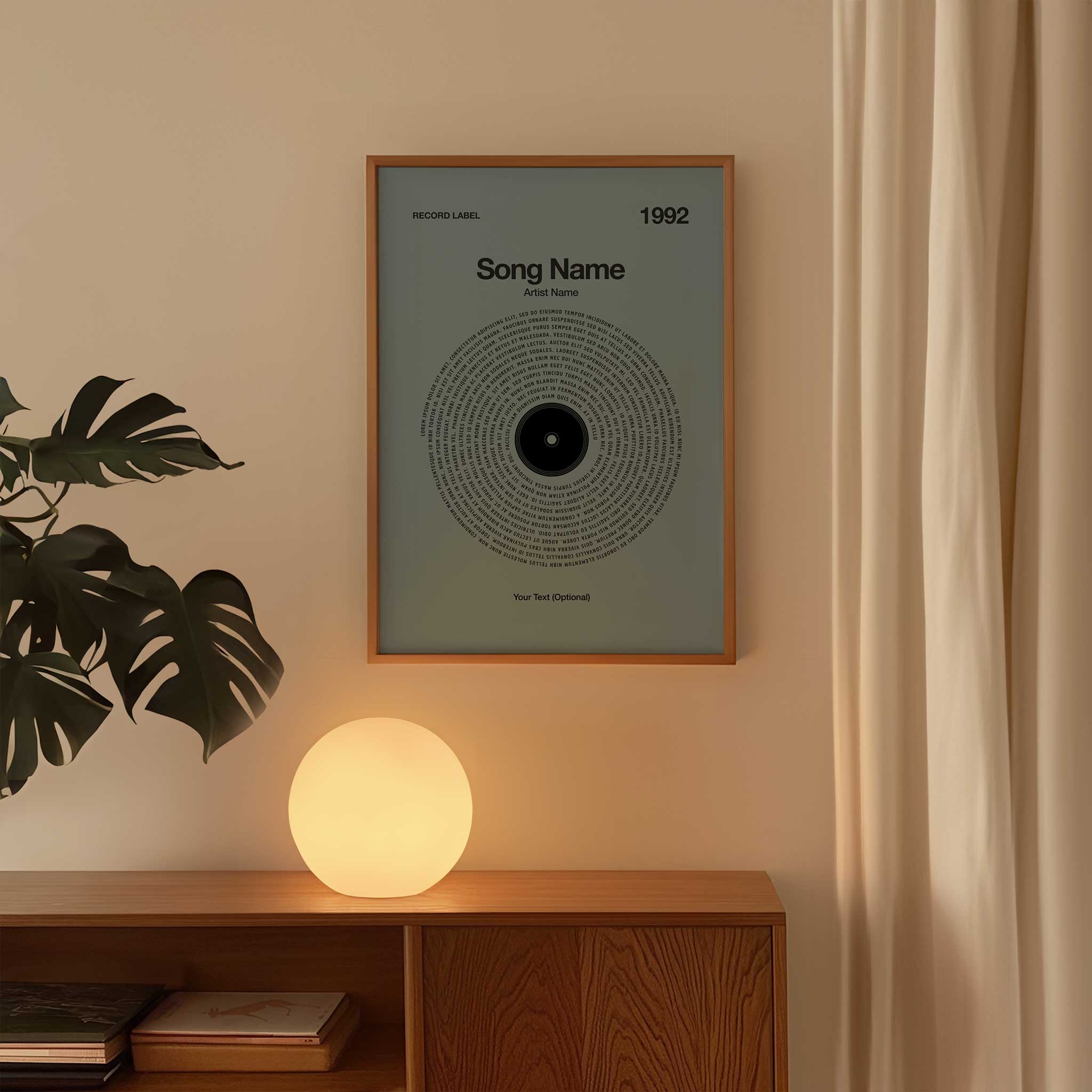 Striking Steel Gray background personalized song lyrics print in a vinyl record style, sleek music art.