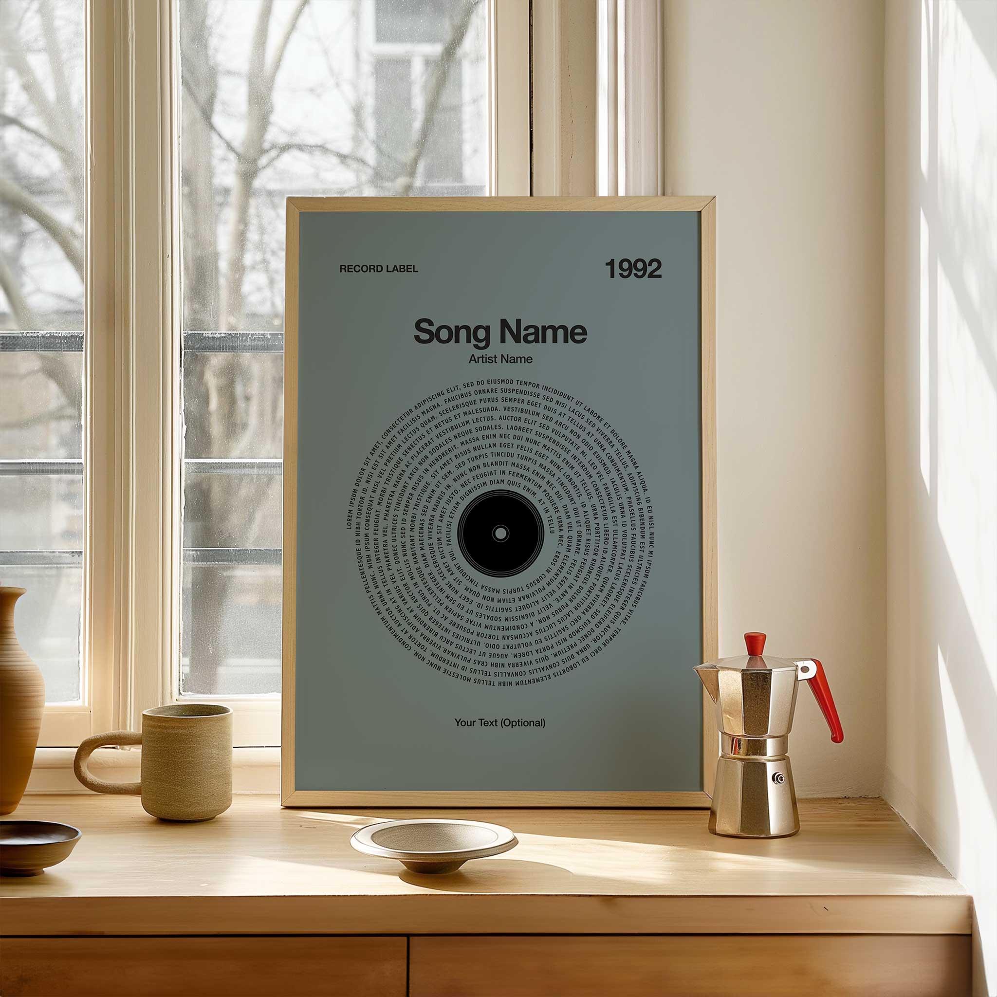 Striking Steel Gray background personalized song lyrics print in a vinyl record style, sleek music art.