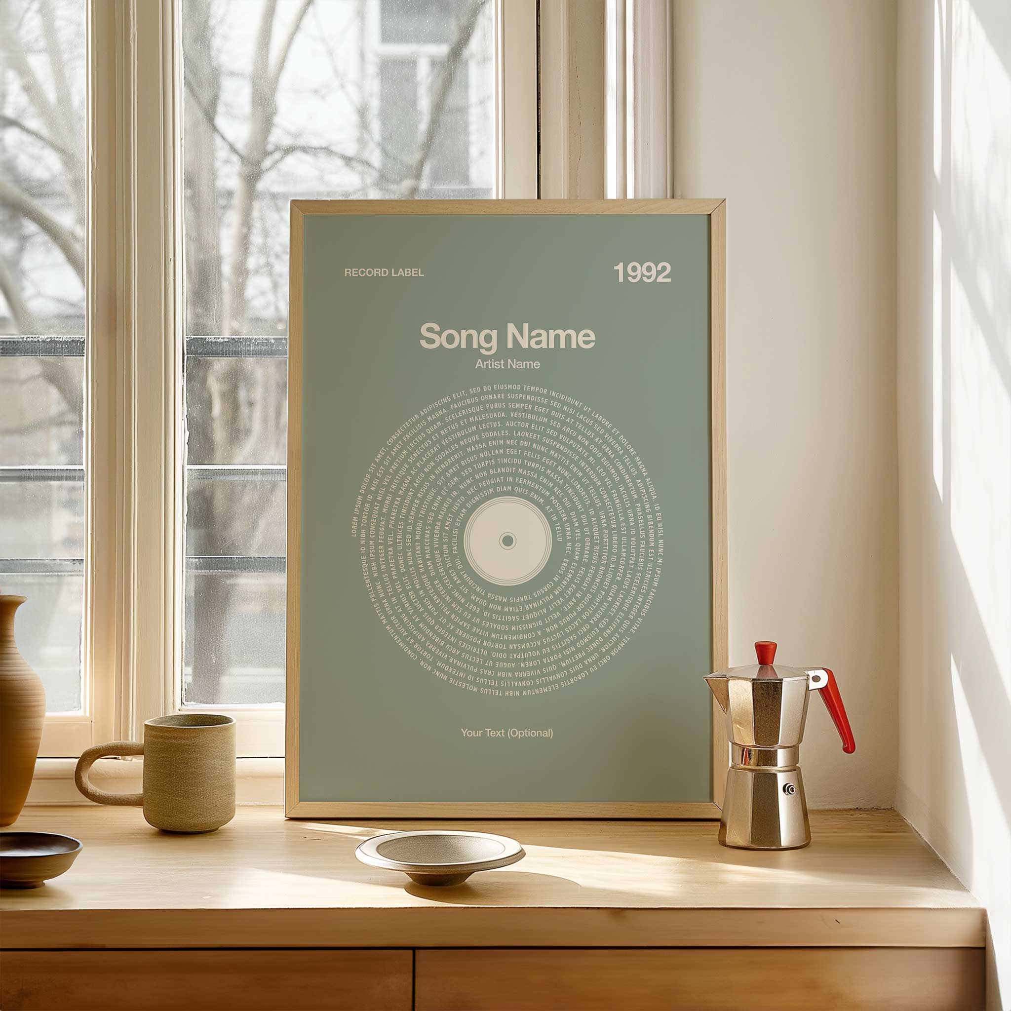 Calming Earthy Thyme Green background custom lyrics wall art in a vinyl record design, natural music decor.