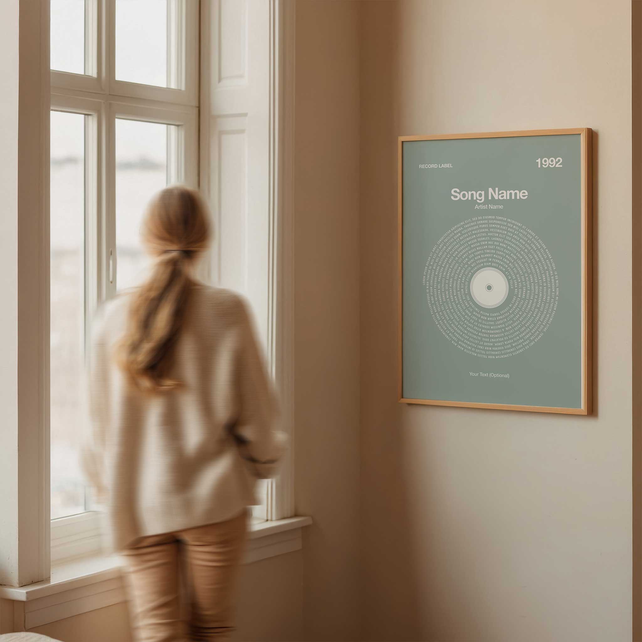 Calming Earthy Thyme Green background custom lyrics wall art in a vinyl record design, natural music decor.