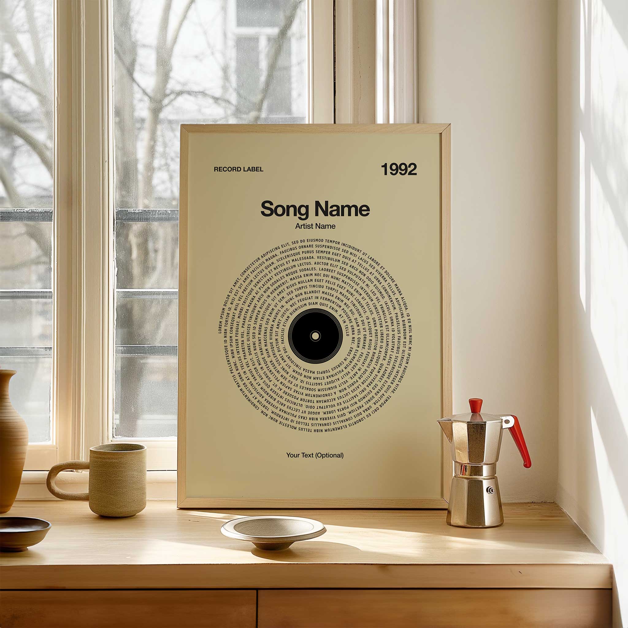 Soft Vanilla Tones custom printed song lyrics in a vinyl record style, cozy music lover gift.