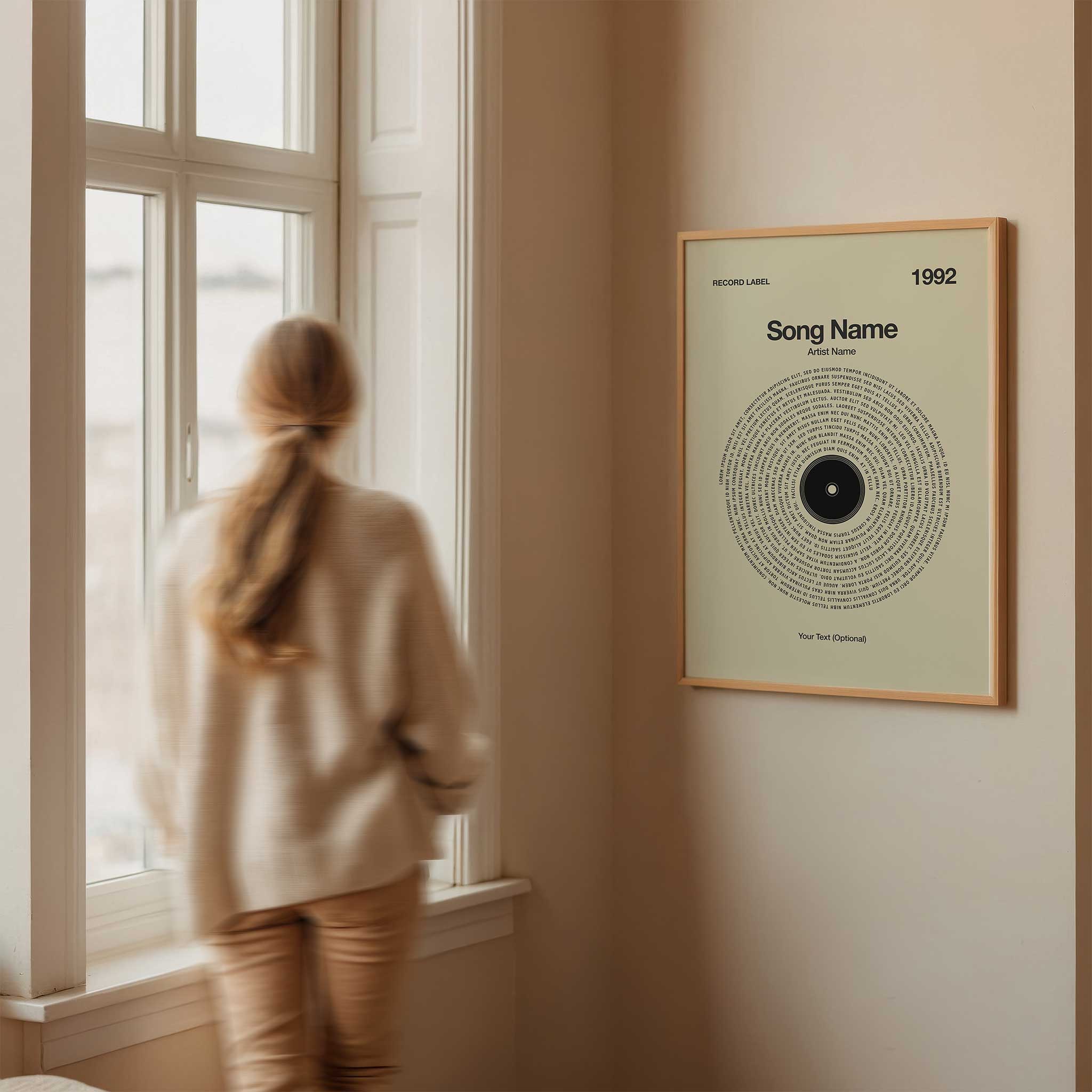Soft Vanilla Tones custom printed song lyrics in a vinyl record style, cozy music lover gift.