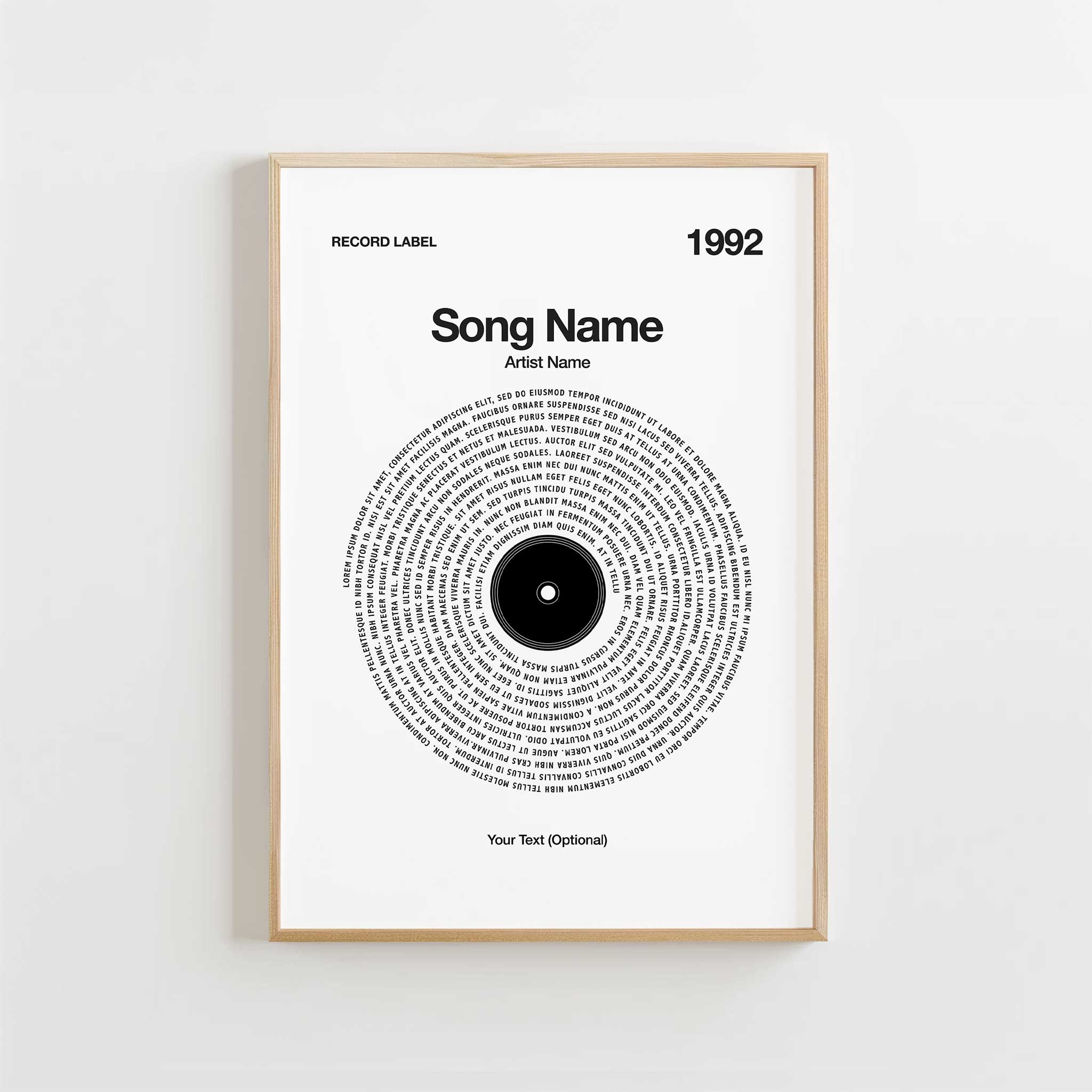 Crisp White background personalized song lyrics wall art in a vinyl record design, minimalist music print.