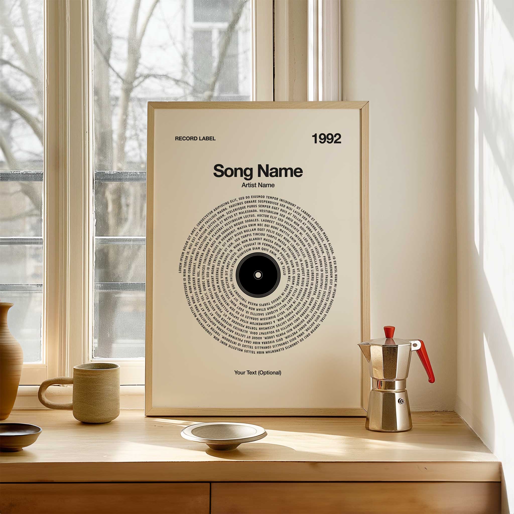 Crisp White background personalized song lyrics wall art in a vinyl record design, minimalist music print.