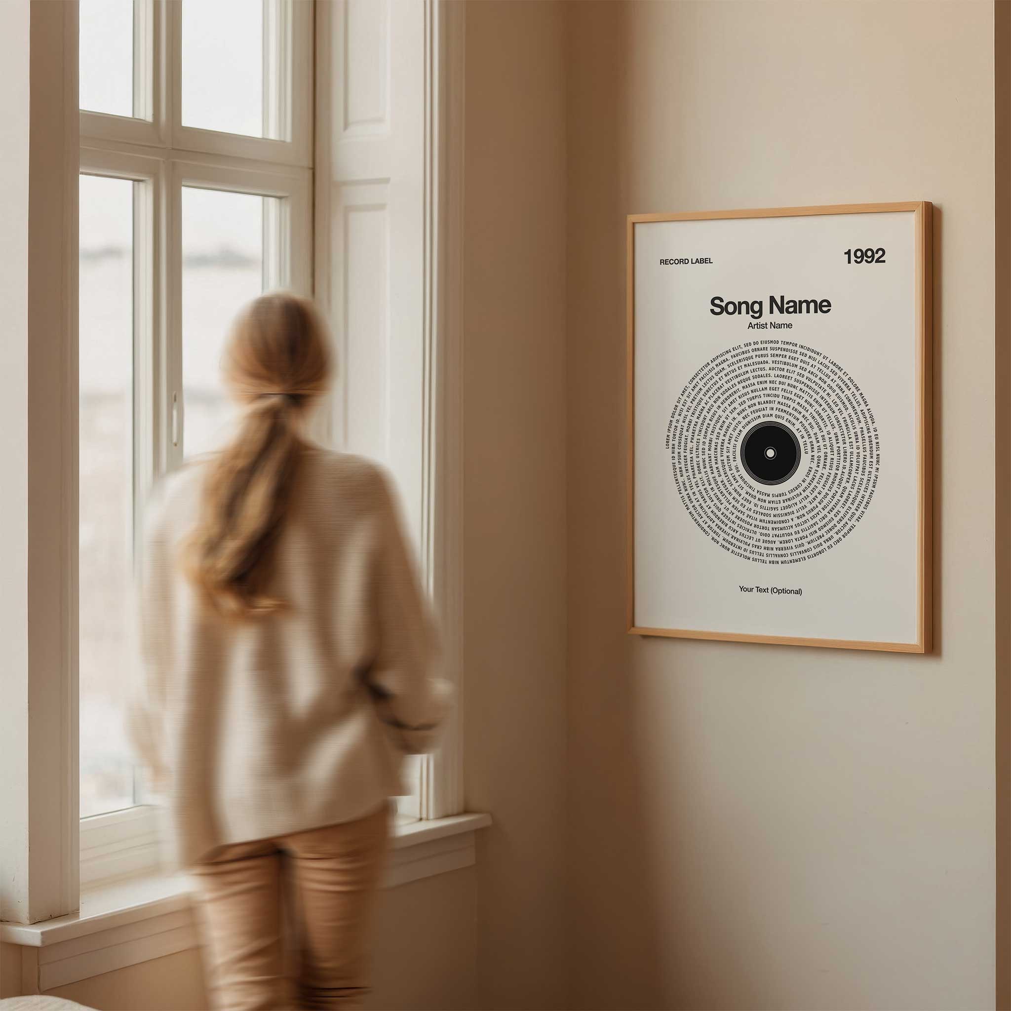 Crisp White background personalized song lyrics wall art in a vinyl record design, minimalist music print.