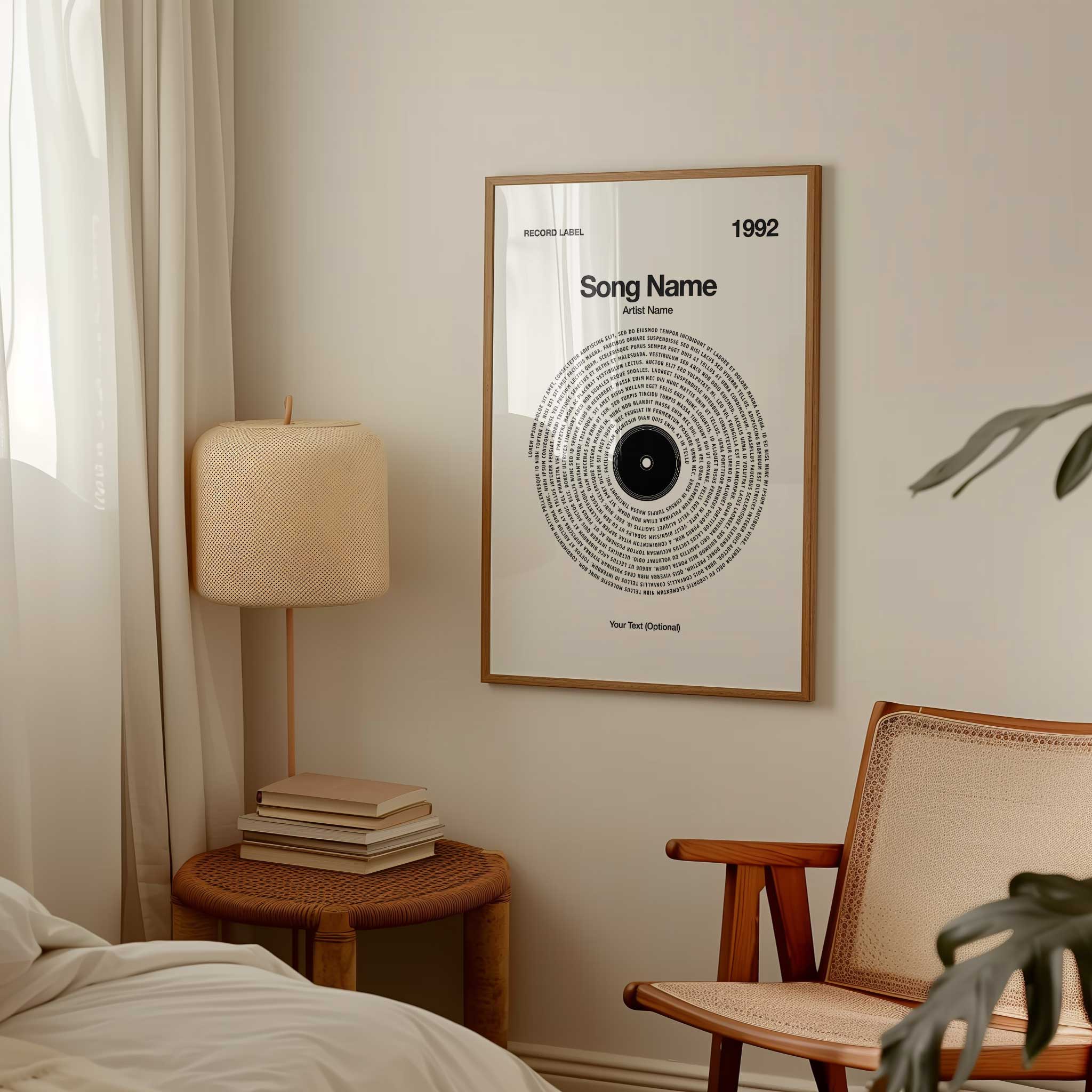 Crisp White background personalized song lyrics wall art in a vinyl record design, minimalist music print.