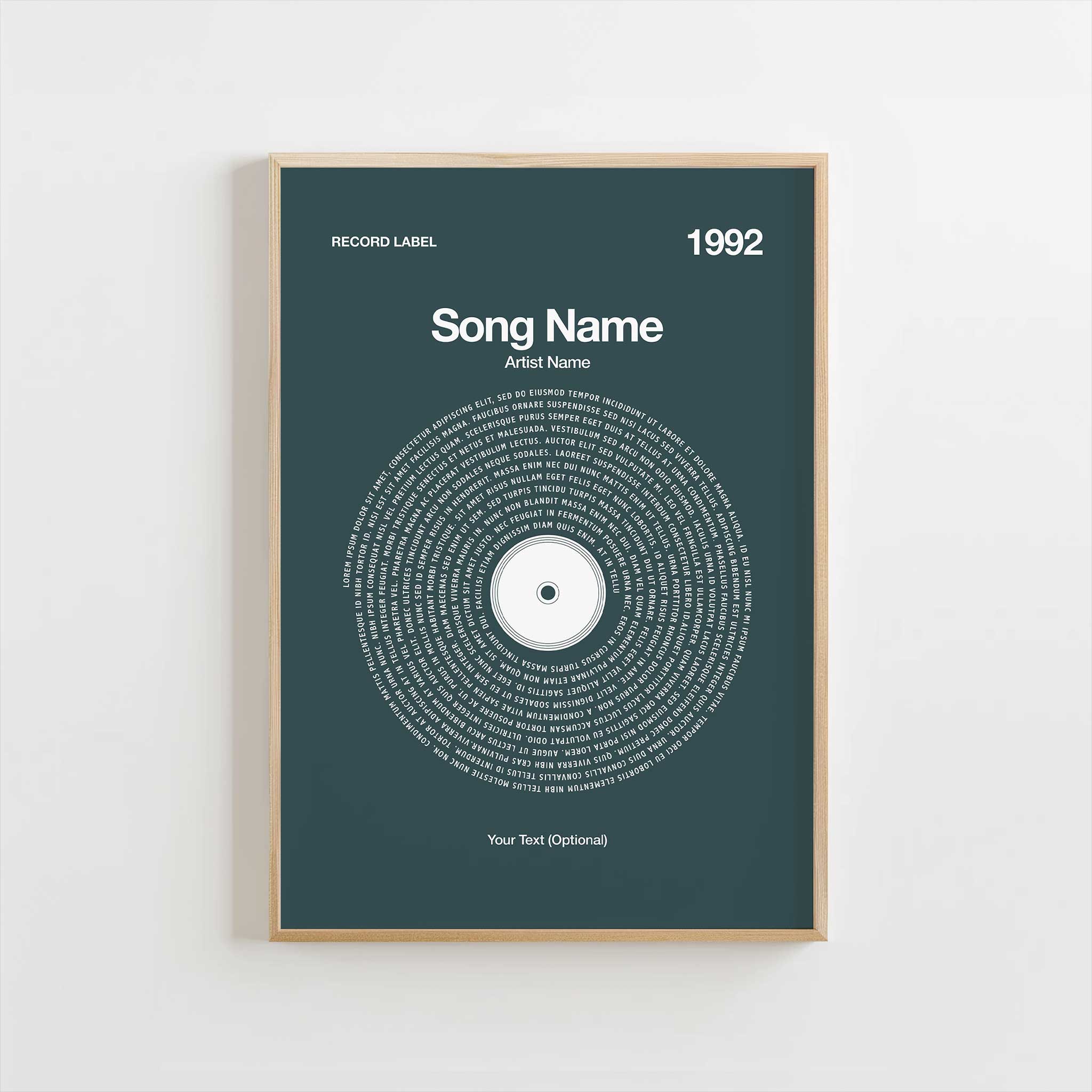 Deep Teal background custom vinyl record art with personalized lyrics, sophisticated music gift.