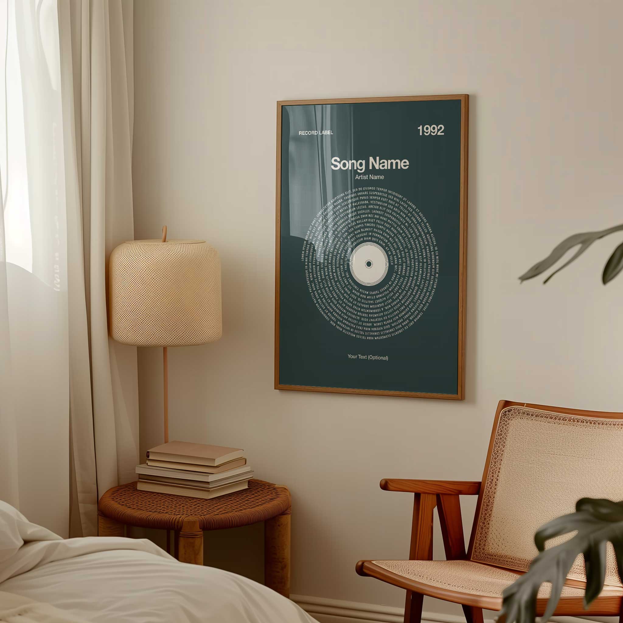 Deep Teal background custom vinyl record art with personalized lyrics, sophisticated music gift.