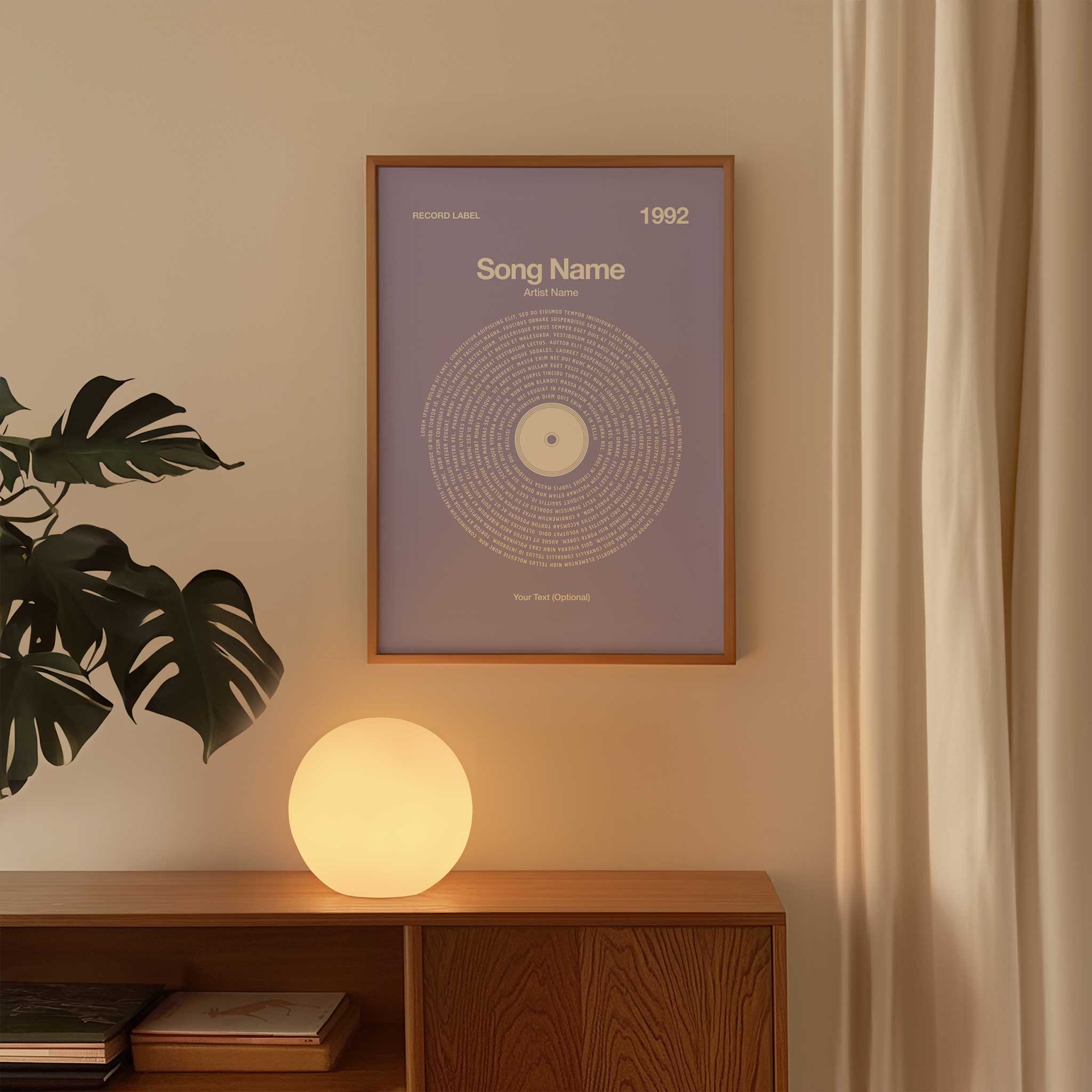 Soft Dusty Rose background custom music wall art with personalized lyrics, vintage vinyl record design.